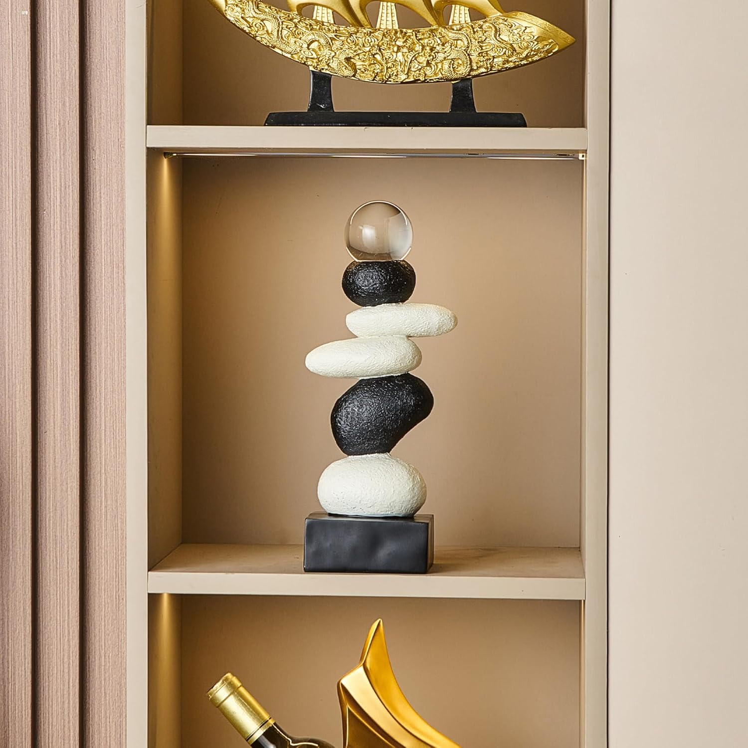FJS Modern Fake Stone Sculpture Decor for Living Room, Black and White Stacked Statue for Coffee Table Centerpiece, Resin Sculptures for TV Stand Shelf Bookshelf Decorations, Gifts for Good Luck