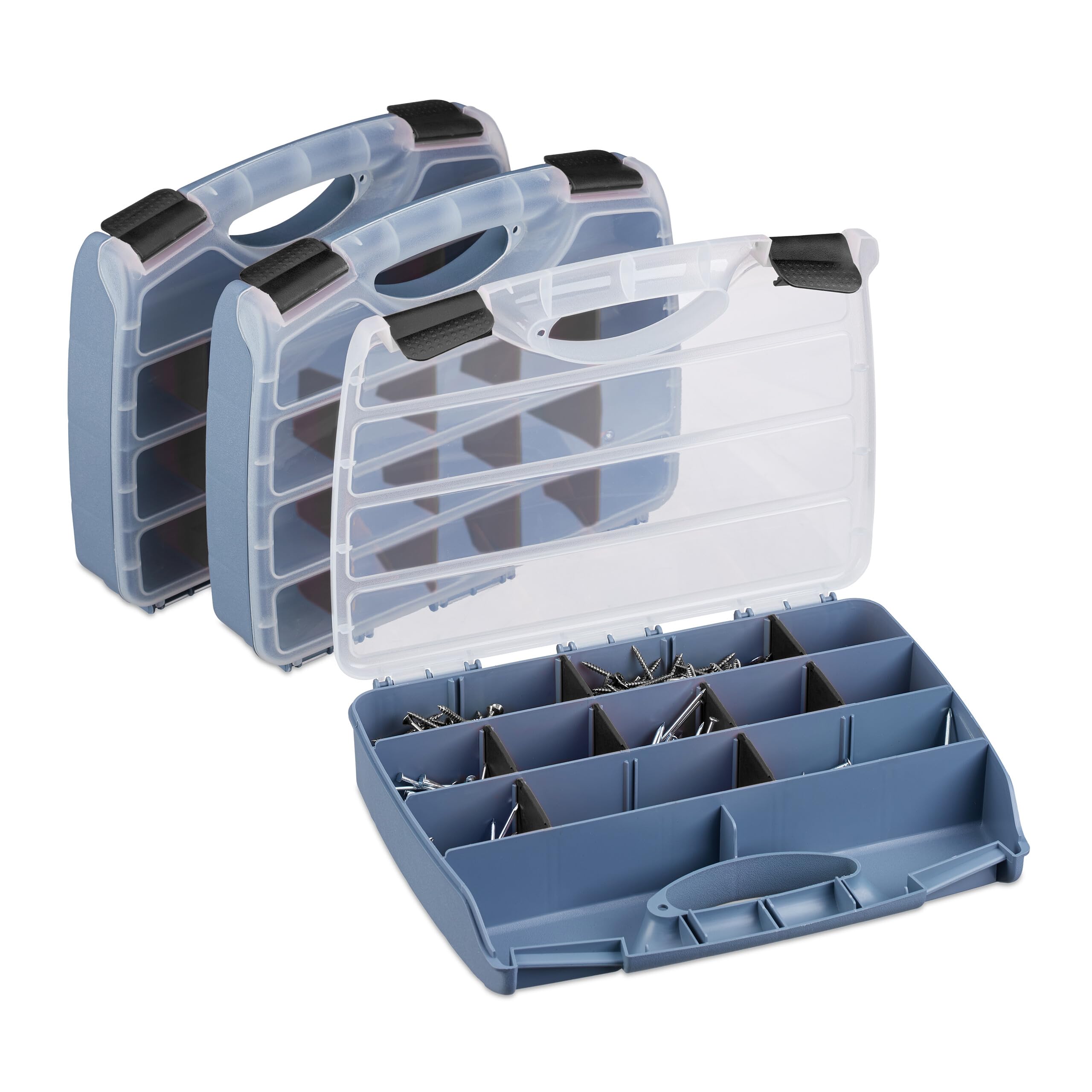 Relaxdays Set 3 Valigette Attrezzi, Scatola Organizer Vuota, Cassetta Porta Viti e Minuteria, 6x32x26 cm, Grigio Nero