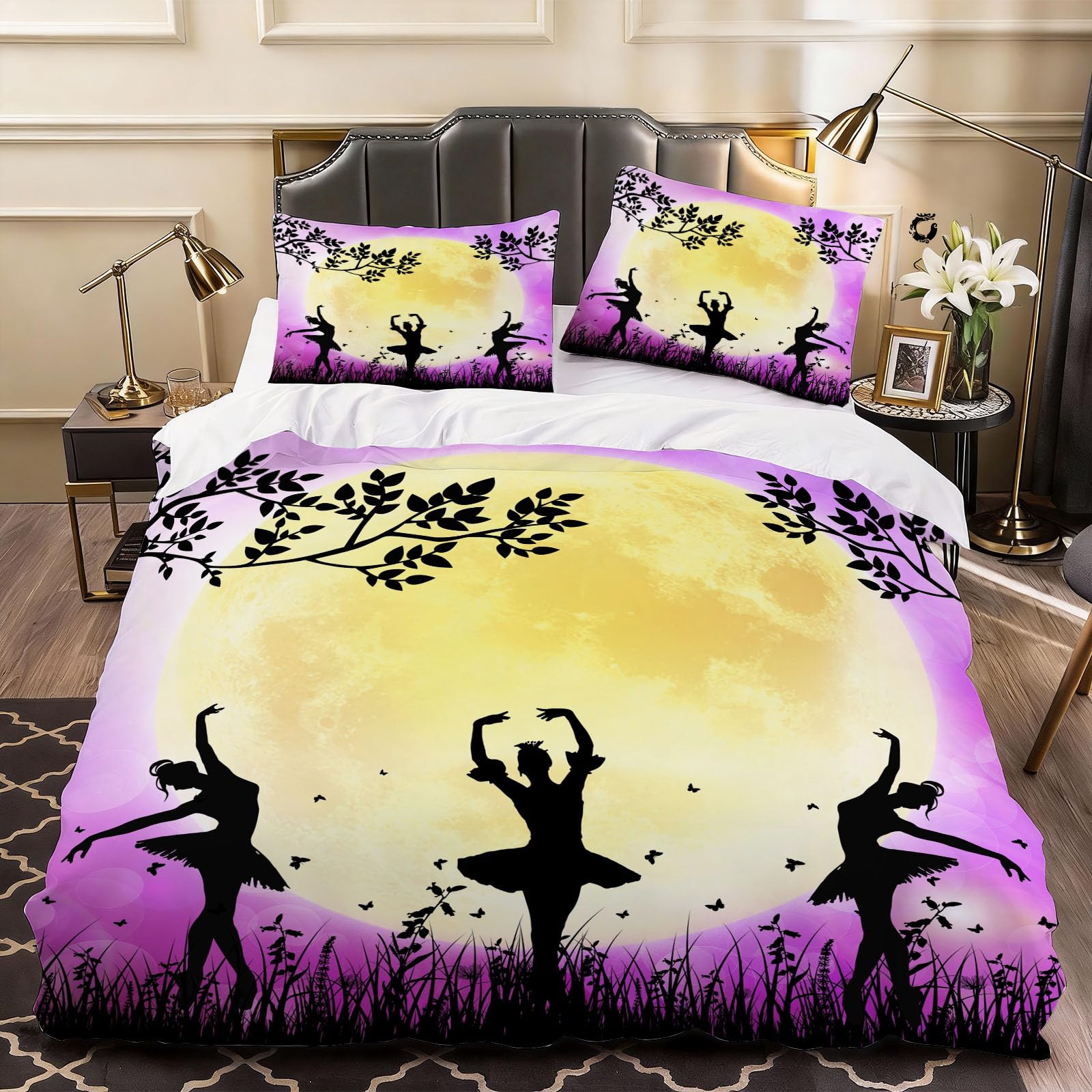 3D Ballet Duvet Cover Moon Bedding Double Bed Set, Soft Microfiber Comforter Cover Printed with Zipper Closure Quilt Coverr 200x200 cm and 2 Pillowcases