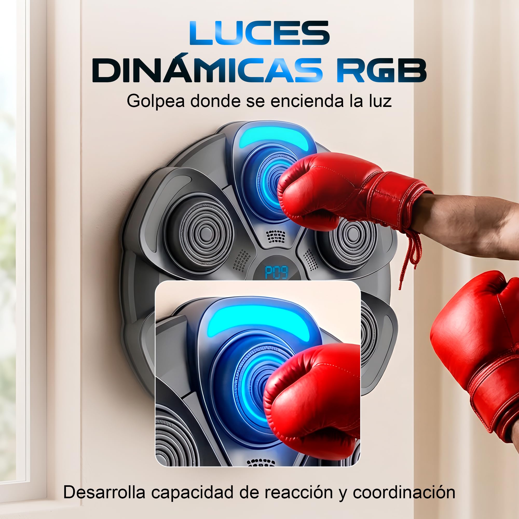 Unicview Máquina de Boxeo Musical Inteligente con Luces RGB, Bluetooth 5.0 y Pantalla LED, Entrenador de Reacción con Múltiples Modos y Velocidades, Montaje en Pared, Incluye Guantes