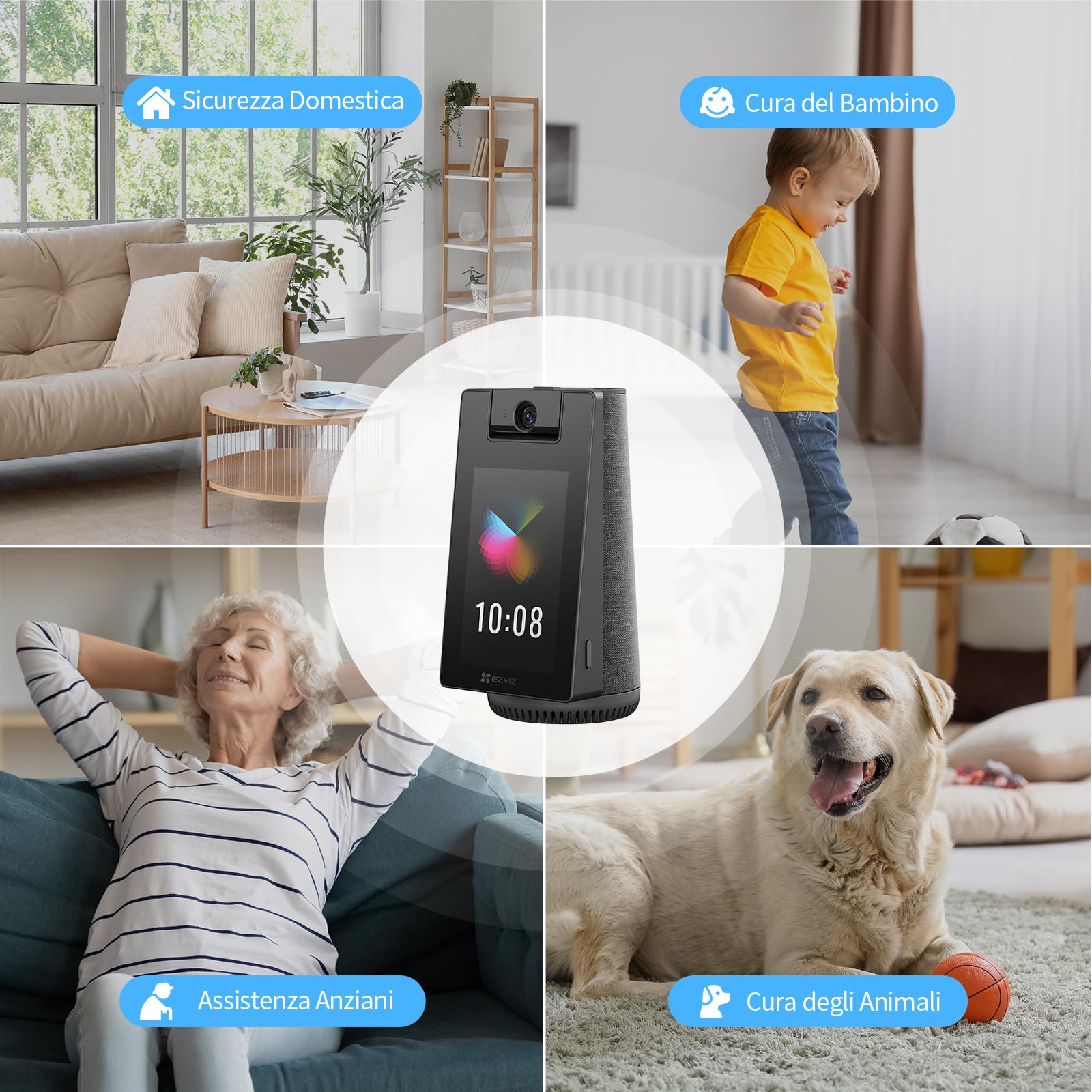 EZVIZ Telecamera WiFi Interno 2K+ 360° con Videochiamata, Rilevamento AI Persone/Animali/Pianto, Monitoraggio Bambini e Anziani, Album Digitale e Altoparlante Bluetooth, WiFi Dual-Band 2,4/5GHz, S10