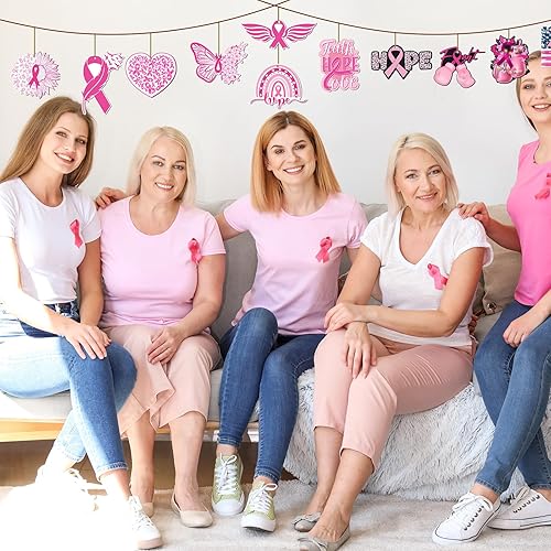 Miniatura 4 de Sintuff 36 piezas de decoración de concientización sobre el cáncer de mama, adornos de madera de cinta rosa para árbol, cinta rosa, decoración