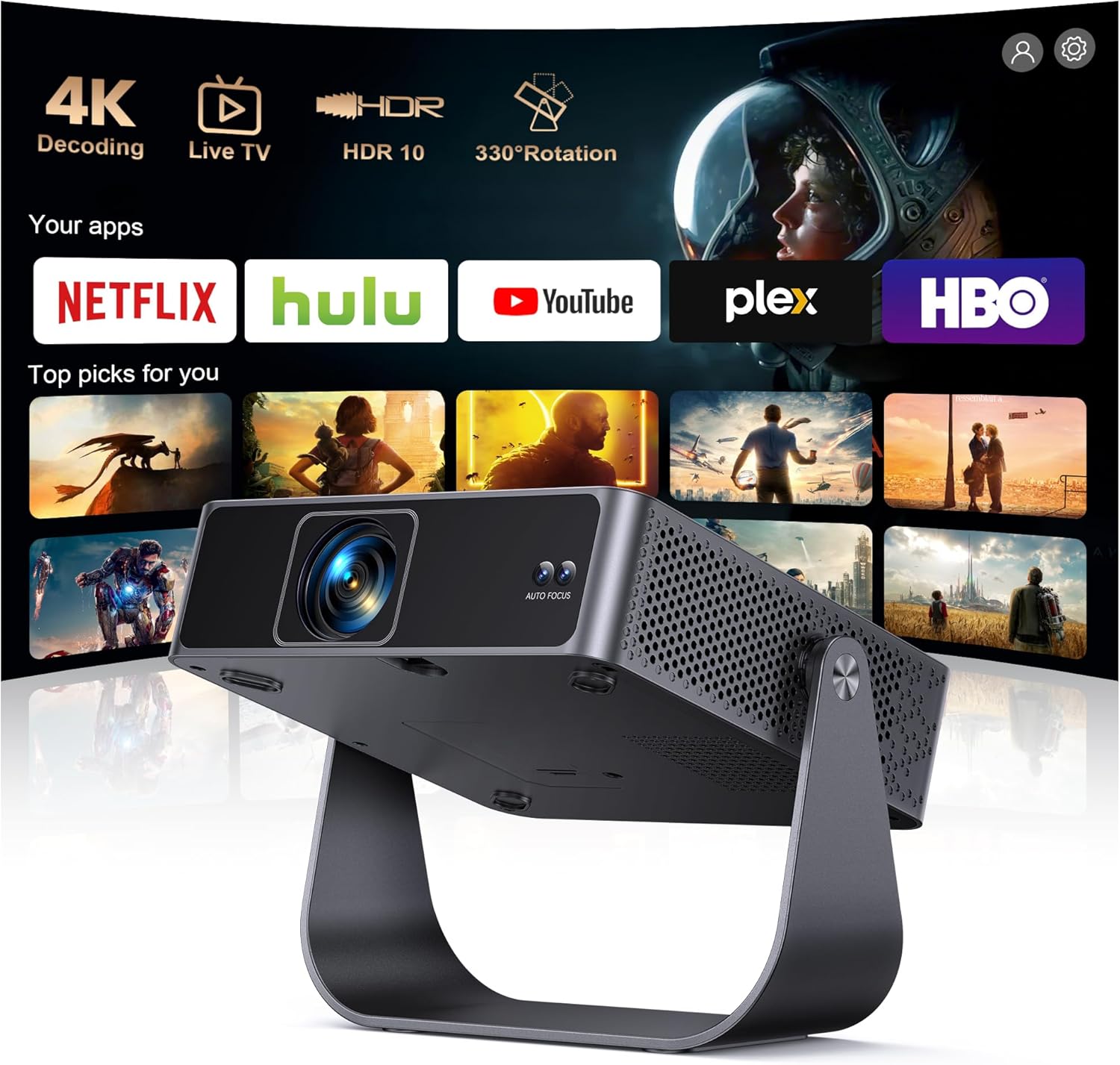 Smart Projector [Compatible with Netflix/Disney/Live TV & 330° Rotatable] Mini Portable Projector 4K Auto Focus& 6D Keystone, PUTRIMS Native 1080p Projectors 30000Lumen WiFi Bluetooth for Home Outdoor