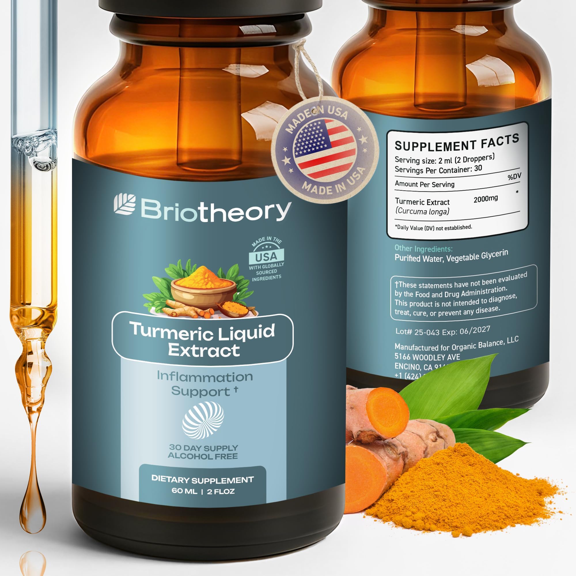 Turmeric Root Extract Tincture Liquid Drops – Herbal Supplement for Joint & Muscle Support, Antioxidant & Anti-Inflammatory, Alcohol-Free, Vegan, Non-GMO – 60 ml (30 Days Supply)