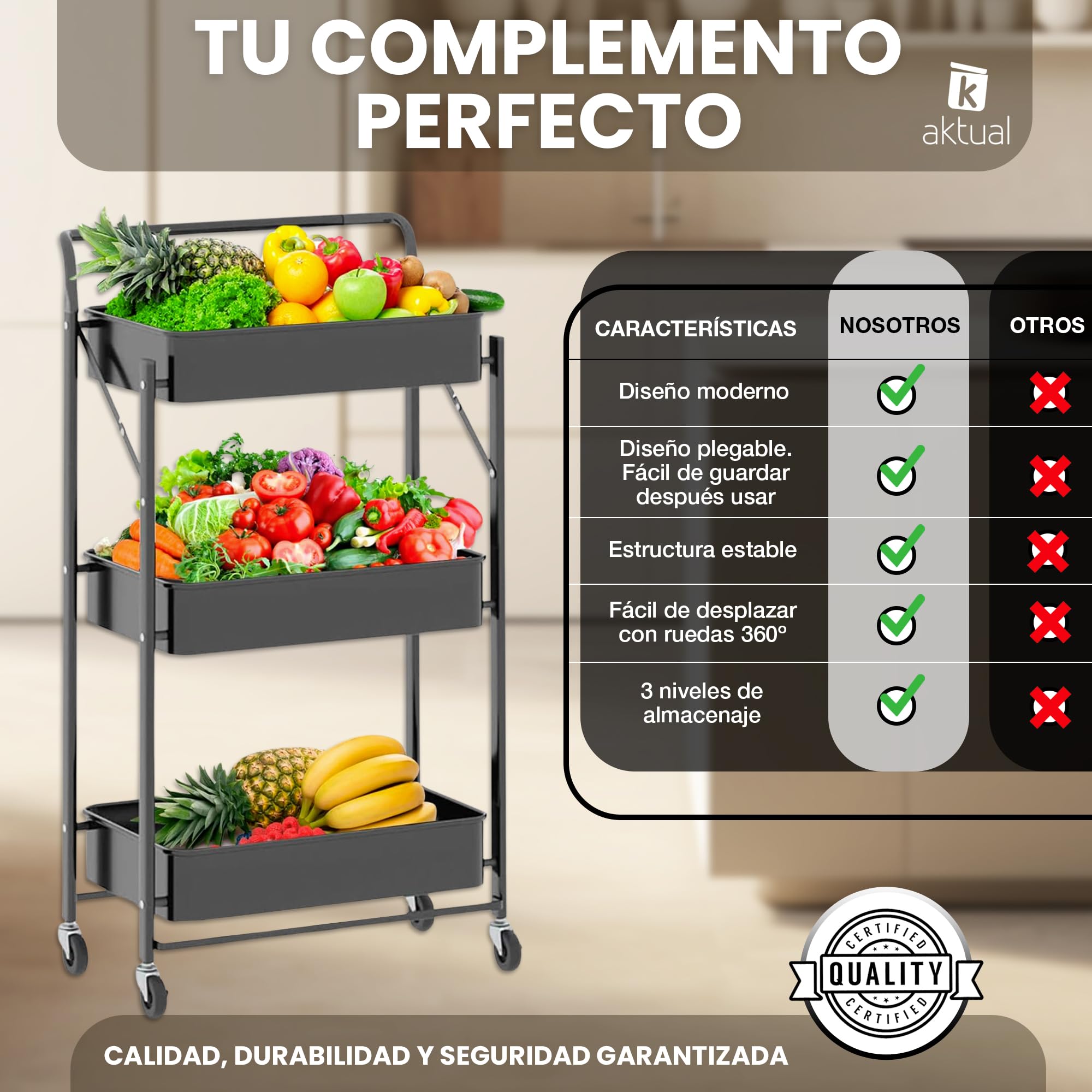 Carrito Cocina Plegable, Camarera Plegable con Ruedas. Carro Organizador almacenaje 45x30x87cm. Ideal para baño, Cocina, Oficina, estética. Color Negro.