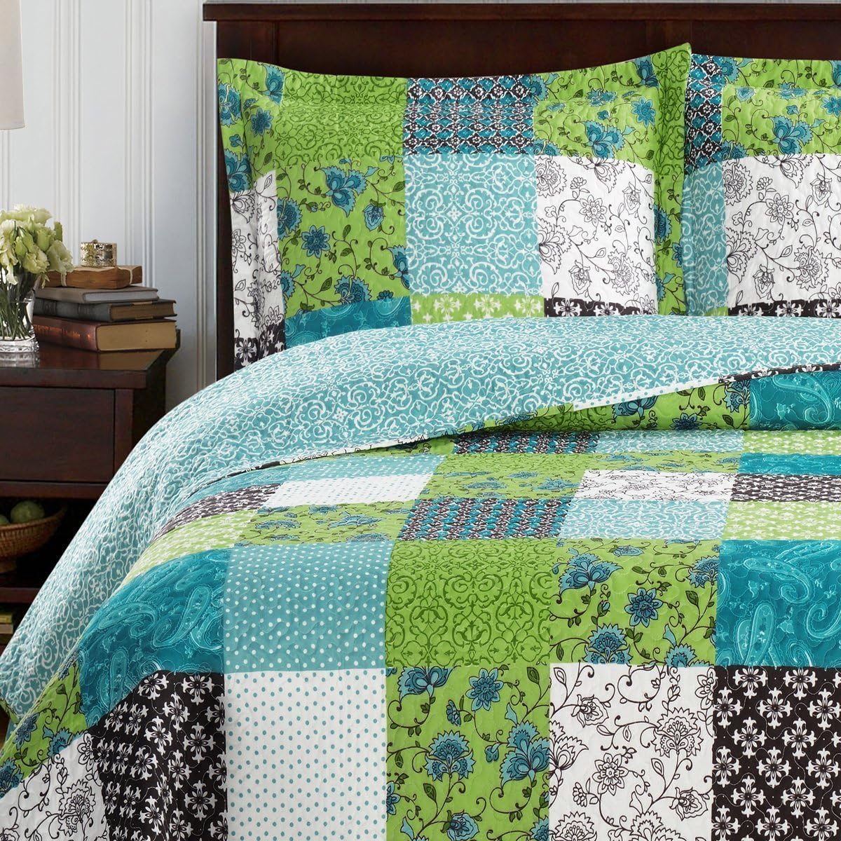 sheetsnthings Rebekah Queen Size, Over-Sized Quilt 3PC Set, Luxury Microfiber Printed Coverlet