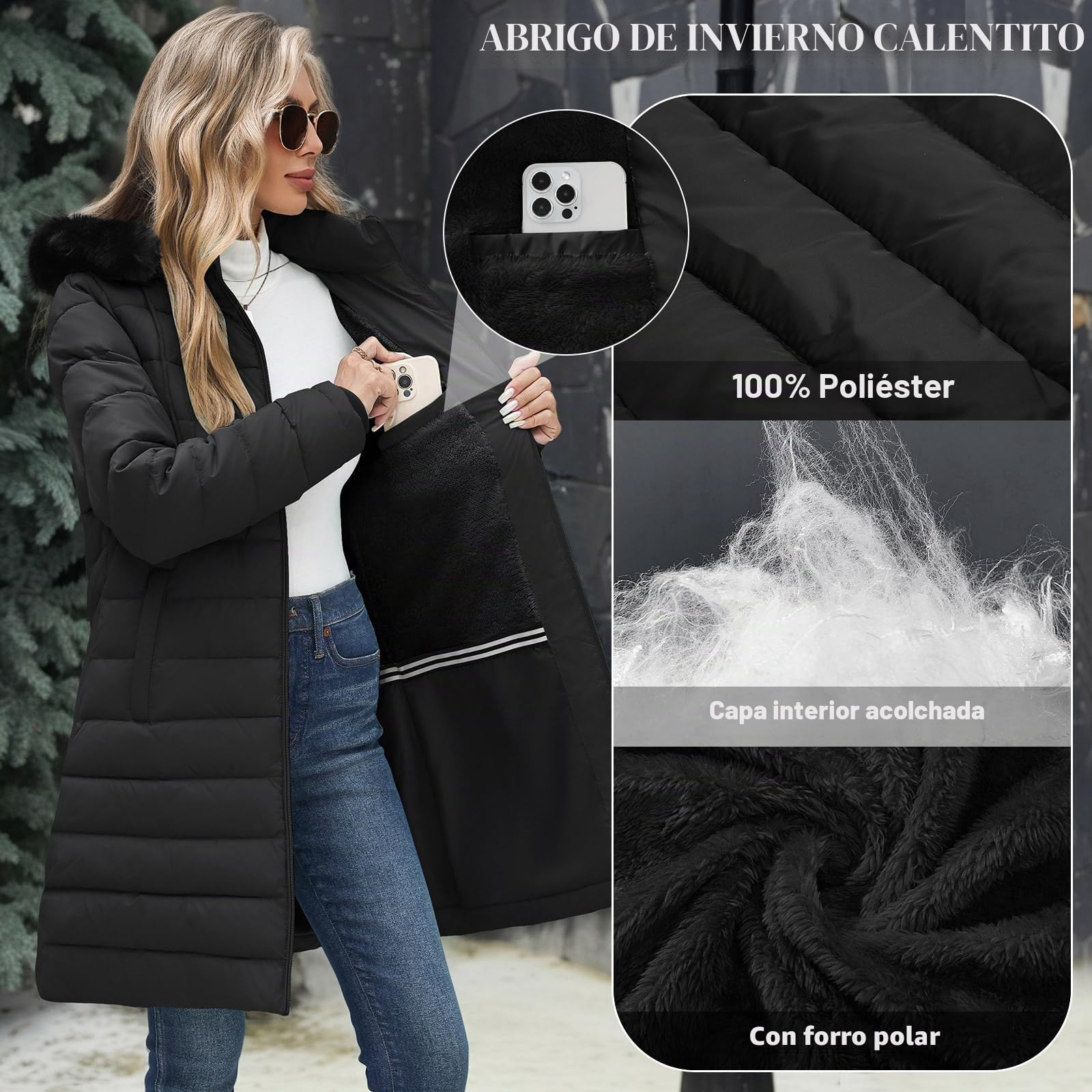 Abrigo Acolchado Mujer Invierno Largo Chaqueta Cálido Abrigos Gruesa Plumifero Chaquetas Polar Elegante Parka con Cremallera Prueba de Viento para Uso Diario y al Aire Libre