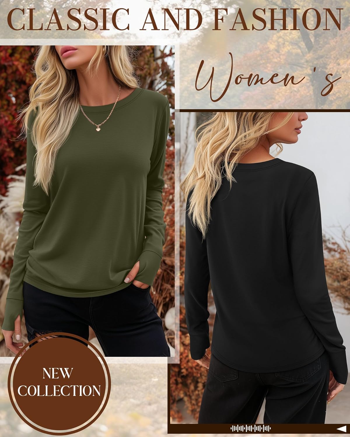 Huukeay 3 Pack Women's Long Sleeve Shirts with Thumb Holes, Cotton Casual Crew Neck Tunic Tops Fall Loose Y2k Trendy Outfits - Image 2