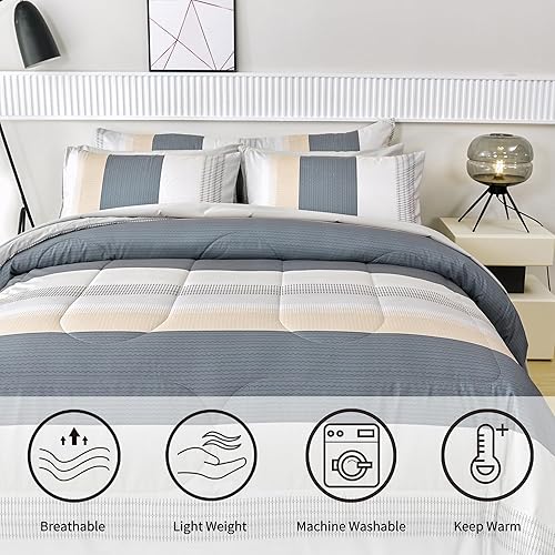 Miniatura 3 de RYNGHIPY Juego de edredón de tamaño King, color beige, gris, a rayas, para hombres y niños, juego de ropa de cama suave para todas las estaciones