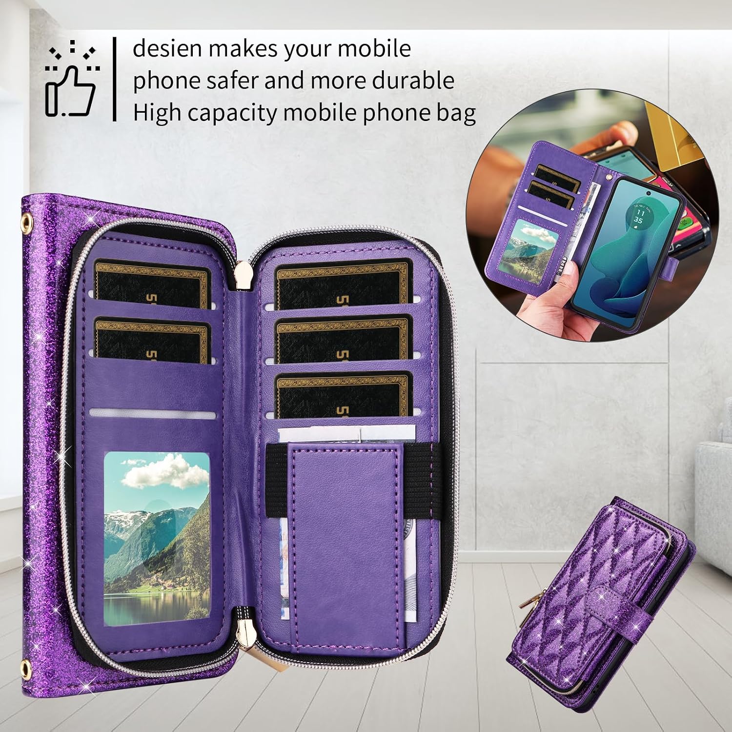 Wallet Case for Motorola Moto G 5G 2024 with Detachable Wrist Strap Crossbody Shoulder Strap 9 Card Slots Zipper Purse Luxury PU Leather Stand Cell Phone Cover for G5G G5 Girls Women Purple