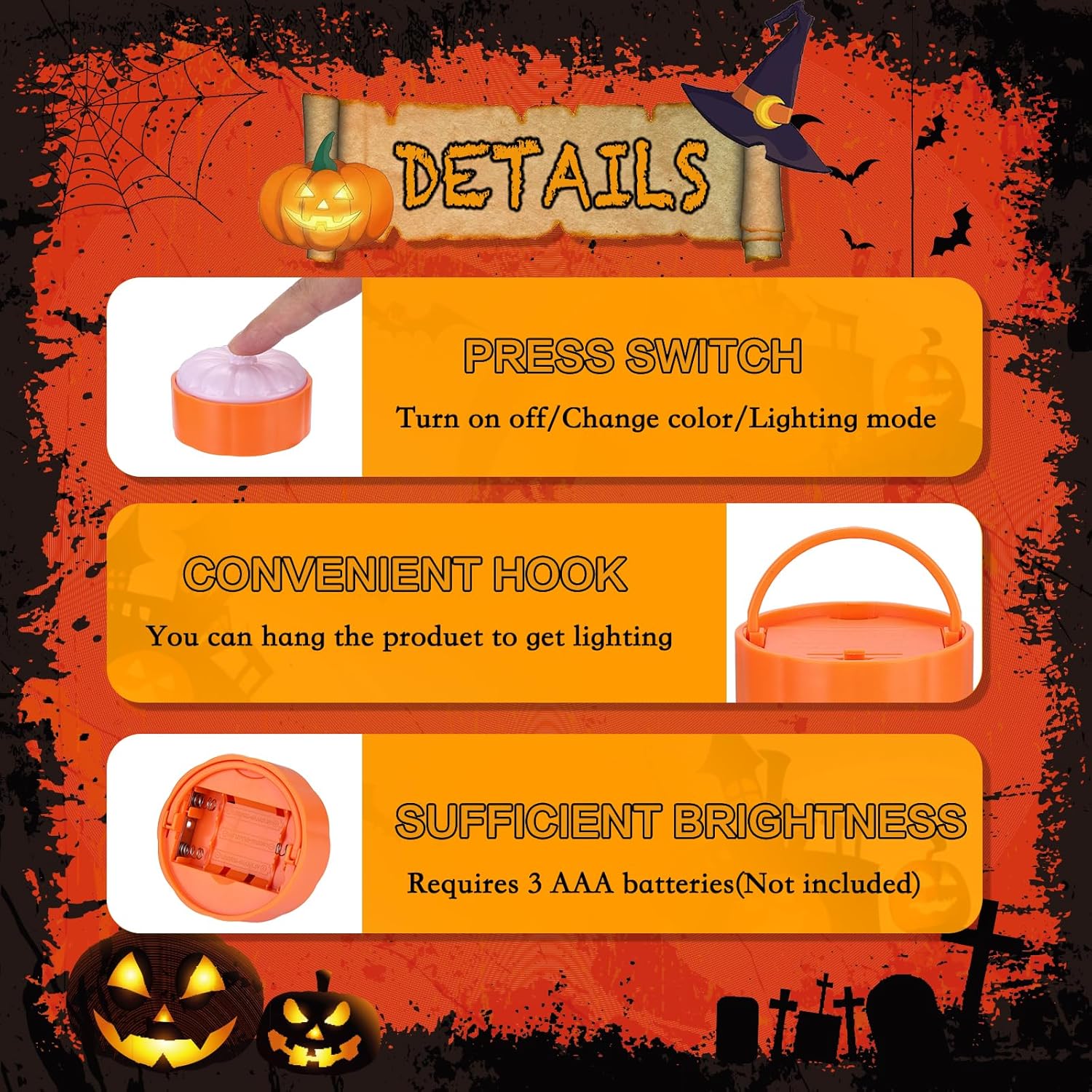 4-Pack Halloween LED Pumpkin Lights with Remote and Timer, Bright/Flickering Battery Operated Jack-O-Lantern Orange/White Halloween Decor Flameless Candles for Pumpkin Decorations