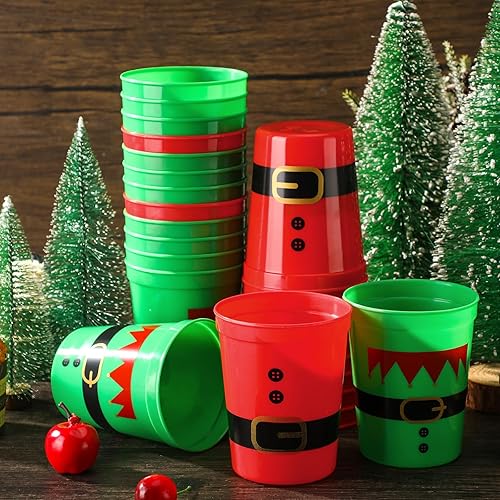 Miniatura 4 de 24 vasos de plástico de Navidad a granel desechables de Navidad, tazas de café desechables con cinturón de Papá Noel, tazas de Navidad de elfo rojo