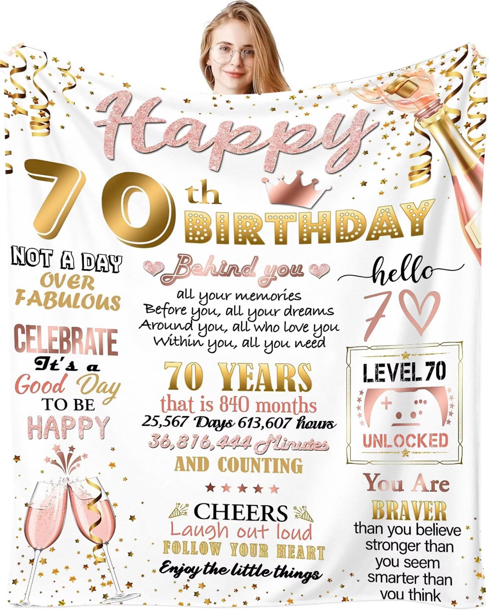 Fecifte 70th Birthday Gifts Blanket for Women, 70 Year Old Birthday Decorations Presents, Personalised Flanell 70th Birthday Blanket Gifts for Women Wife Sister 50"x60"