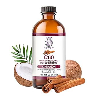 C60 Power Cinnamon Flavored C60 in Organic MCT Coconut Oil - Natural Wellness & Antioxidant Support for Men & Women, 99.99% Pure Sublimated C60, Promotes Energy, Clarity, Stamina - 8 fl oz Bottle