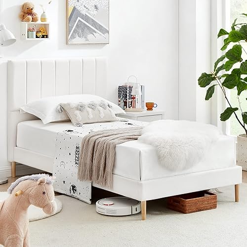 Flolinda Base de cama individual con cabecera tapizada de terciopelo, soporte de listones de madera que prolonga la vida útil del colchón, marco de