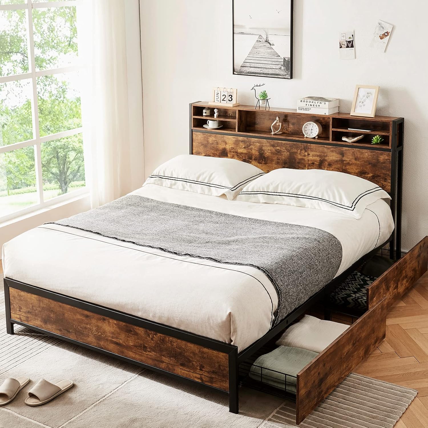 LAGRIMA Full Bed Frame w/ Storage Headboard & 4 Drawers，Bookcase Headboard w/ 5 Shelf，Mattress Foundation w/ Metal Slat Support，No Box Spring Needed，Easy Assembly (Full)，Vintage Brown (T-B836)