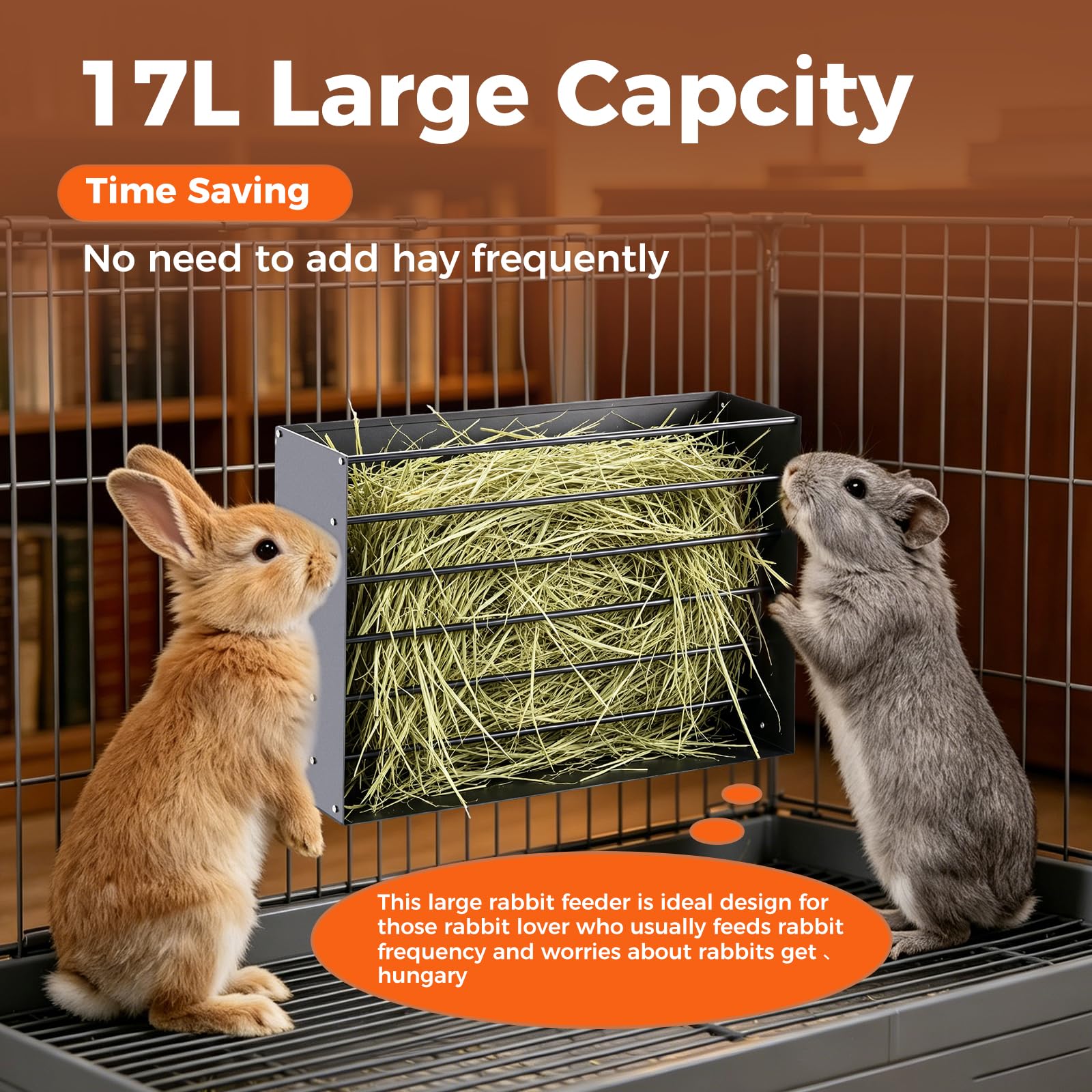 Mangiatoia per fieno 2 in 1 per conigli, grande capacità, in metallo, con mangiatoia rimovibile per conigli, porcellini d'India, furetti, cincillà, piccoli animali