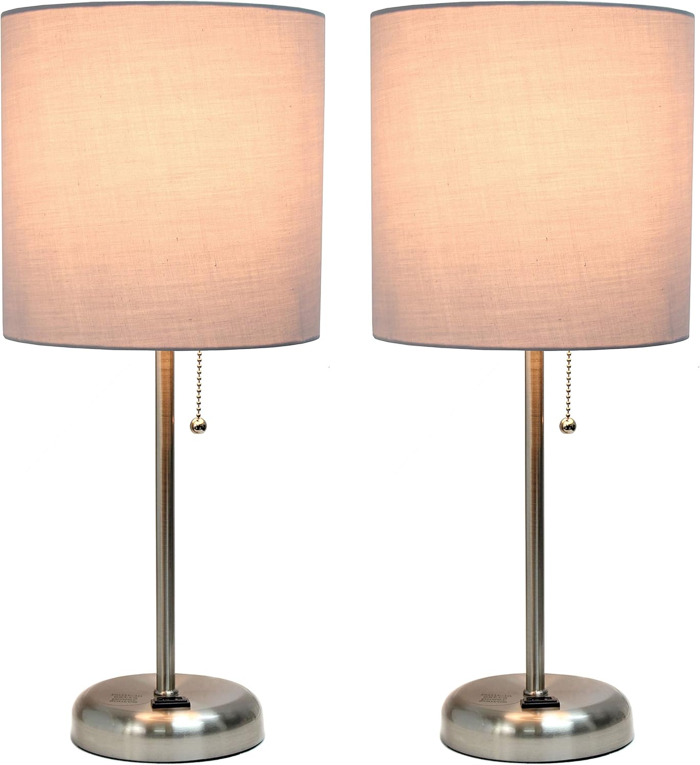 Simple Designs LC2001-GRY-2PK Brushed Steel Stick Table Lamp Set with Charging Outlet and Gray Fabric Shades, 2 Pack Set