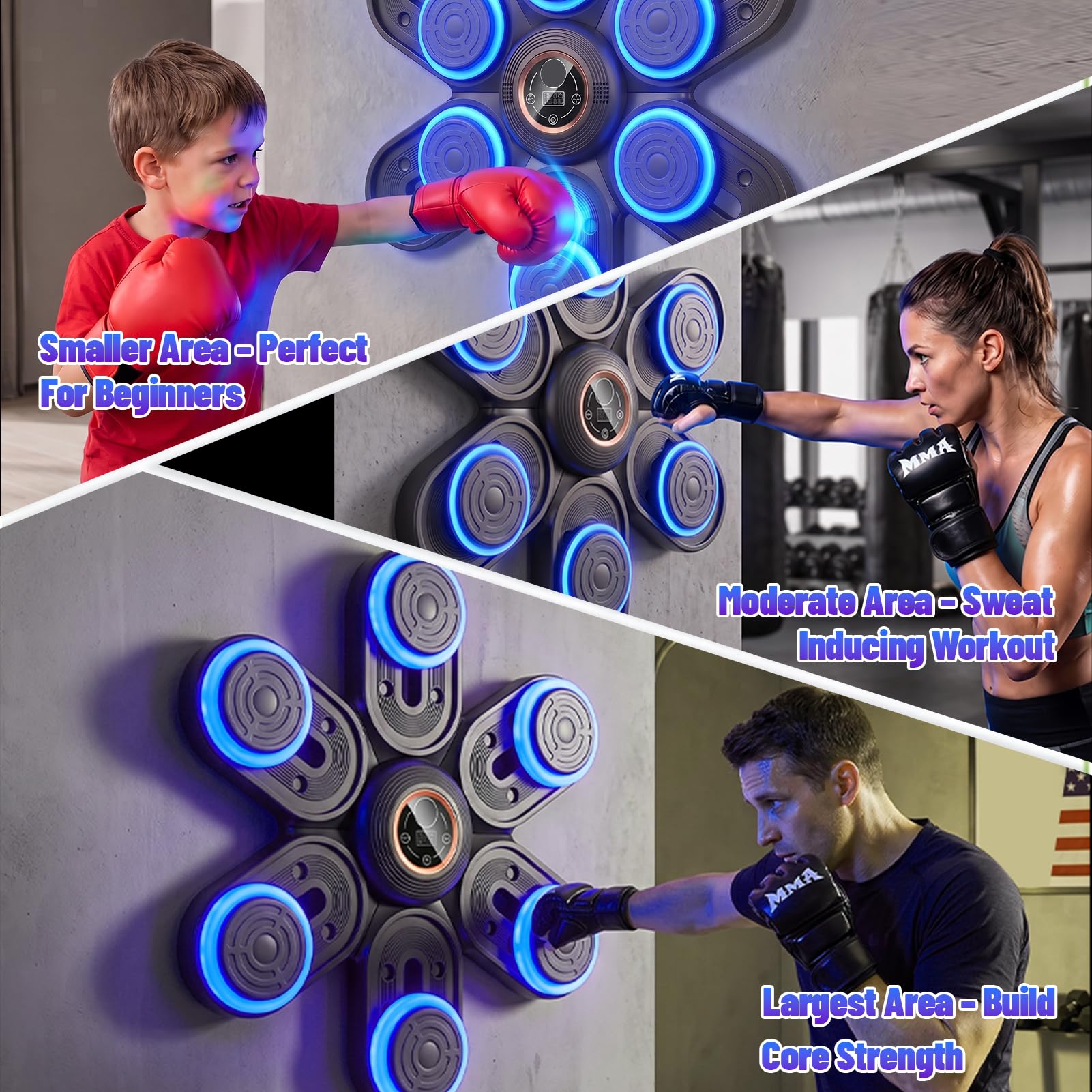 Macchina da boxe musicale, punzonatrice con musica, parete interattiva da boxe per palestra domestica, 9 livelli di velocità regolabili e 3 posizioni di altezza