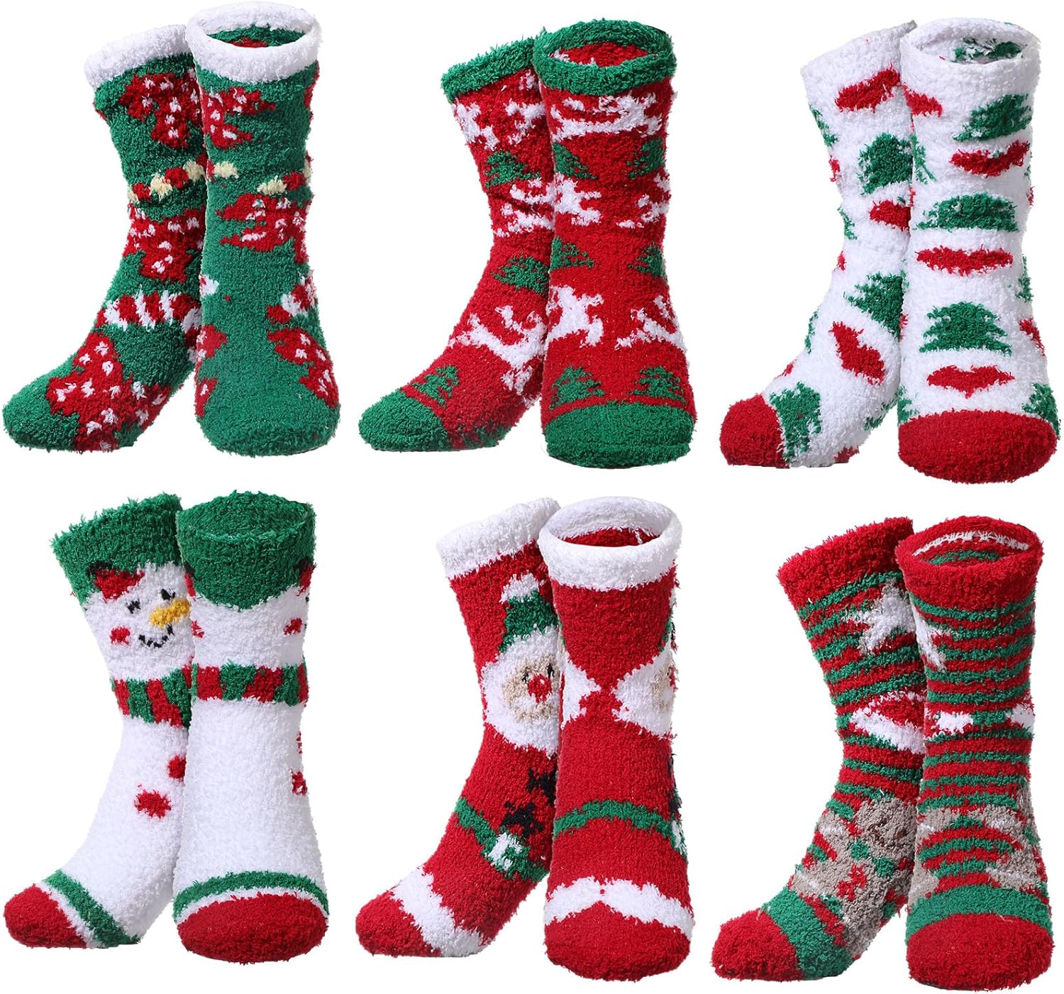 Haysandy 6 Pairs Christmas Fuzzy Socks Gifts Bulk Xmas Holiday Fluffy Socks Women Men Kids Winter Warm Slipper Socks