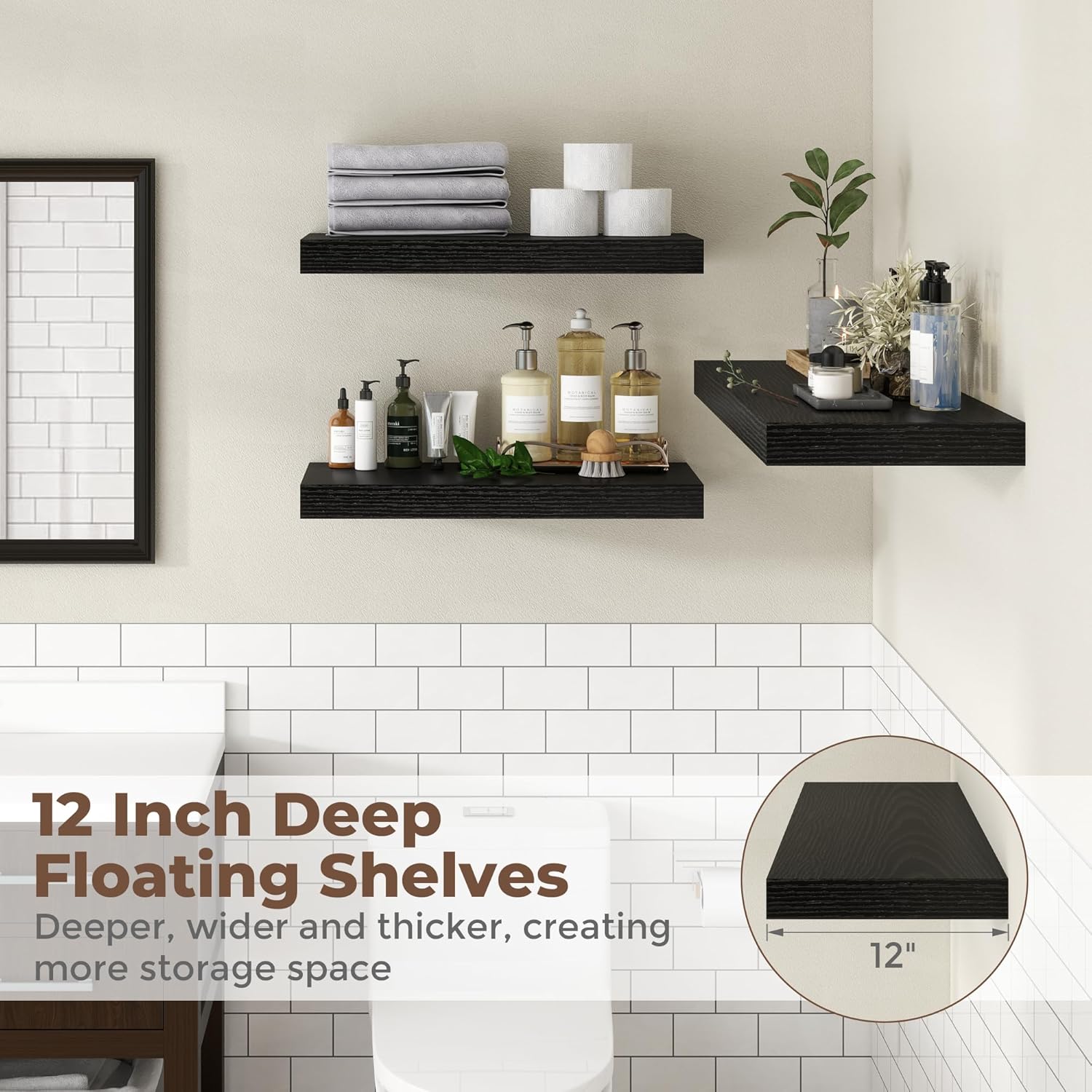 Fun Memories Floating Shelves for Wall, 12 x 16 Floating Shelf for Books, Rustic Wood Deep Storage Wall Shelf with Invisible Bracket - 16" Black Shelves for Living Room & Bedroom, Set of 2