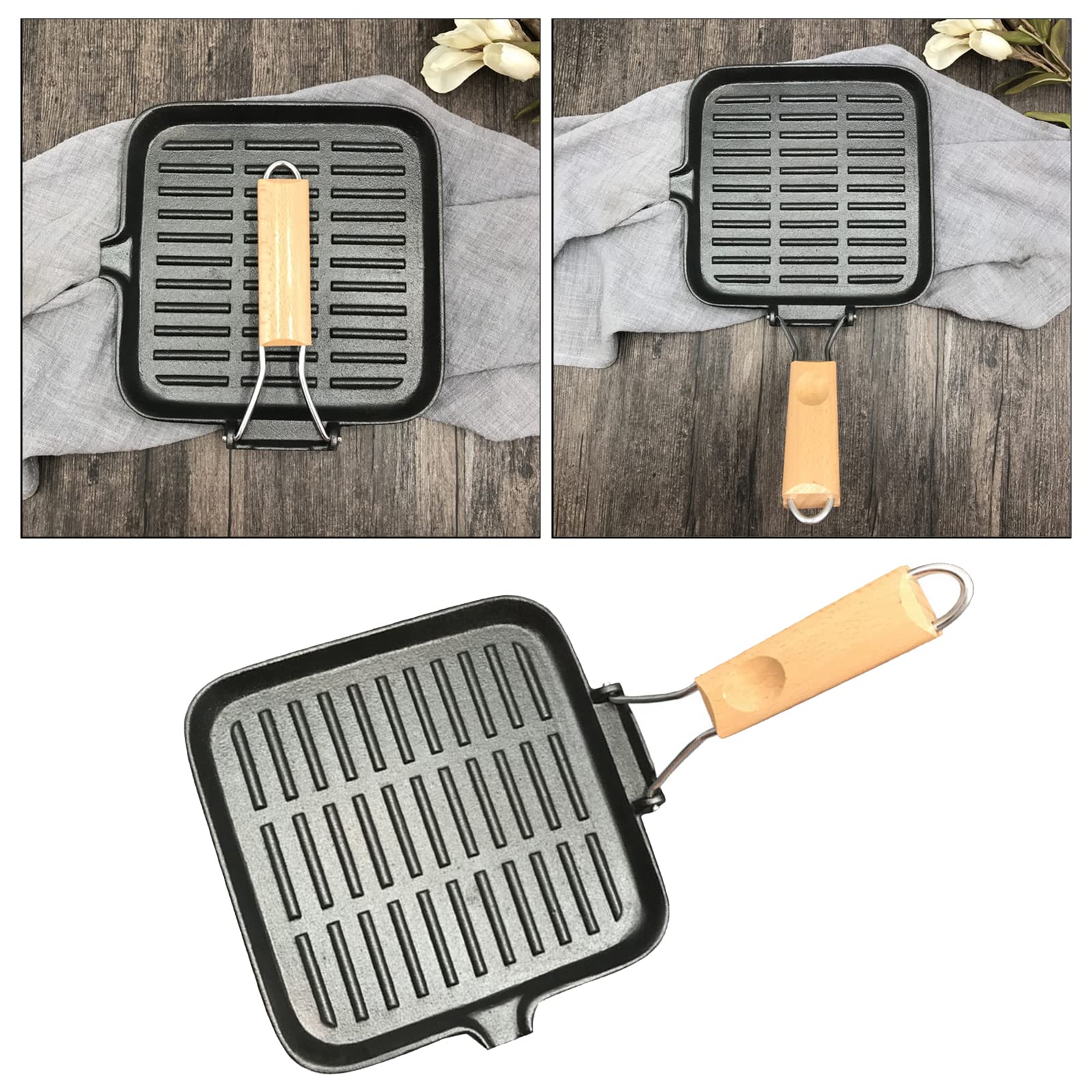 Padella in ghisa per barbecue, antiaderente, facile da pulire, pieghevole, 22 cm, ideale per bistecca da campeggio