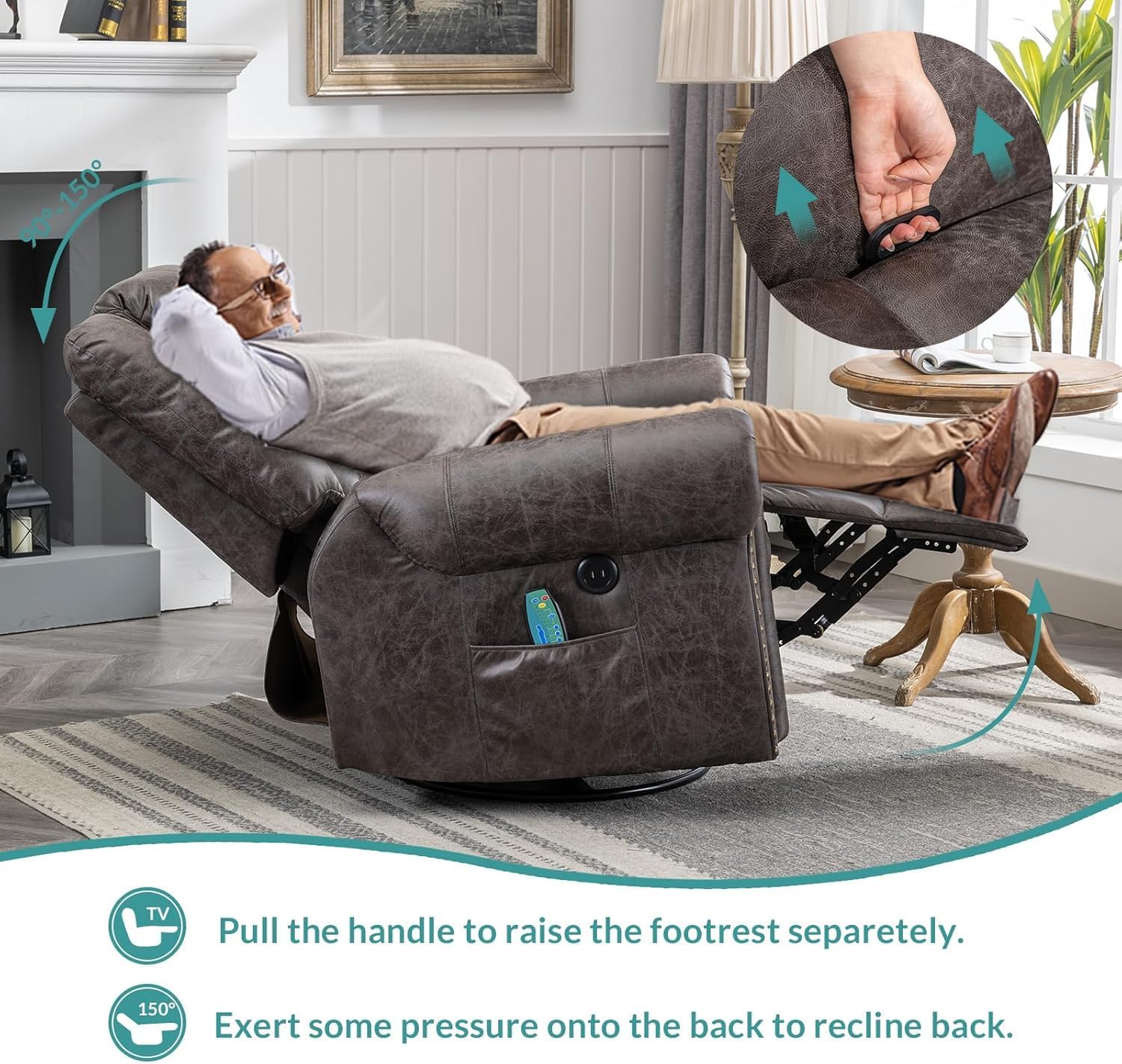 MEETWARM Oversized Swivel Rocker Recliner Chair with Heat and Massage, Manual Glider Rocking Recliner Chair, 360°Swivel Nursery Reclining Sofa with Remote Control/USB Ports for Living Room(Gray)