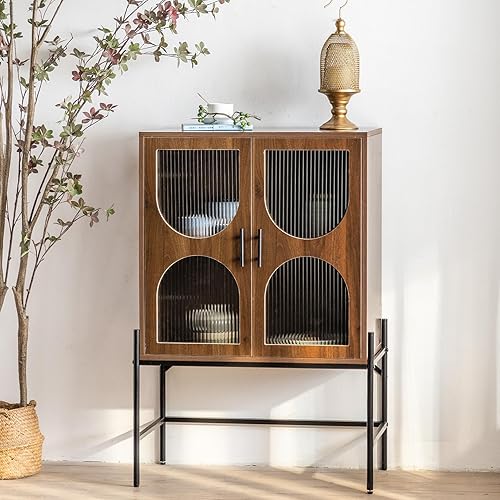 HollyHOME Wooden Storage Cabinet with Glass Doors, 41.3"(H) Accent Buffet Cabinet, Freestanding Pantry Sideboard, Console Cupboard for Living Room, Kitchen, Hallway, Entryway