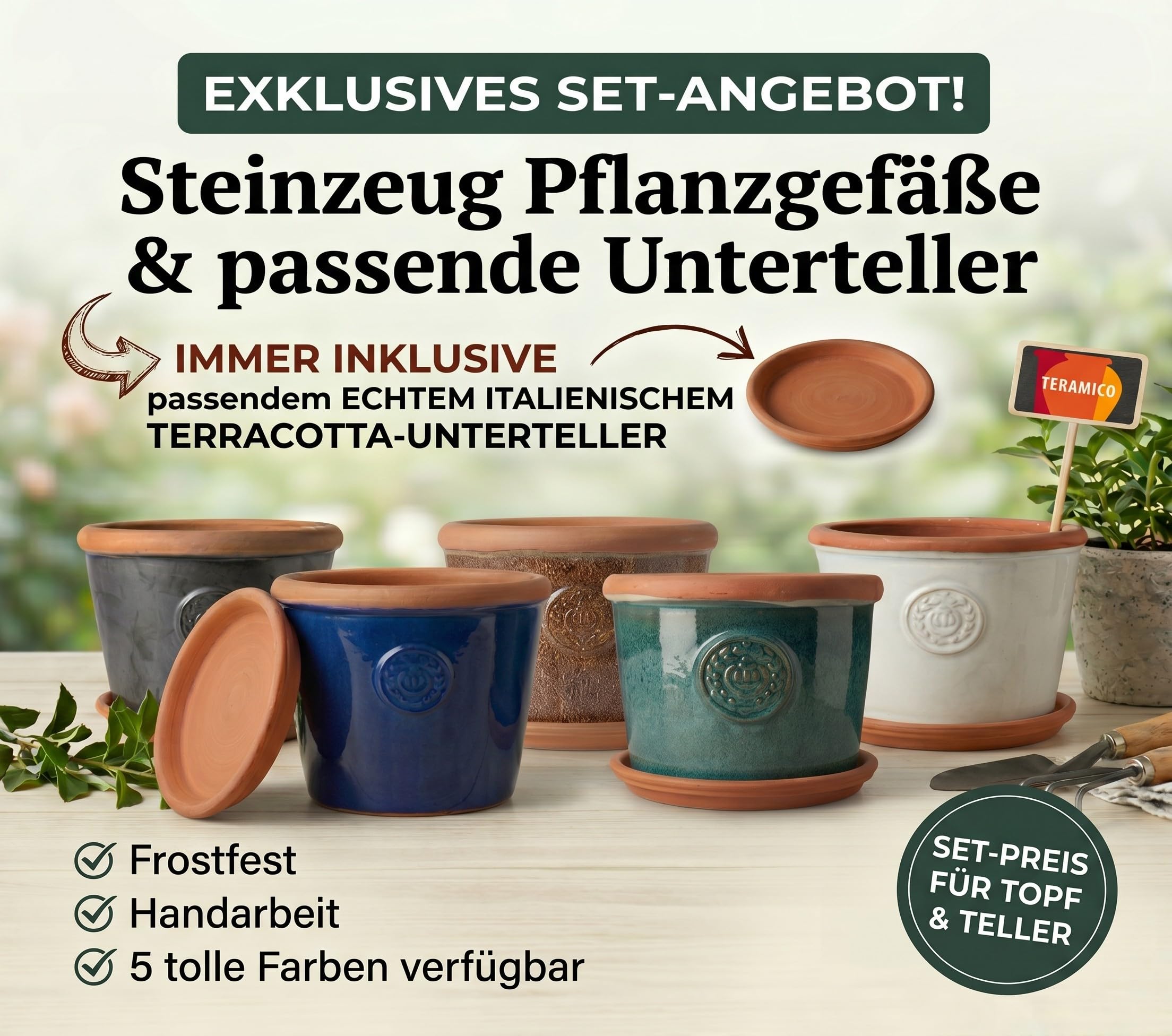 Teramico Keramik Pflanzgefäß mit Teller (Moos Grün, 45cm x 34cm) | Premium Blumentöpfe aus hochwertiger Keramik. Handgearbeitet, groß und Frostfest für Innen und Außen inklusive Untersetzer.