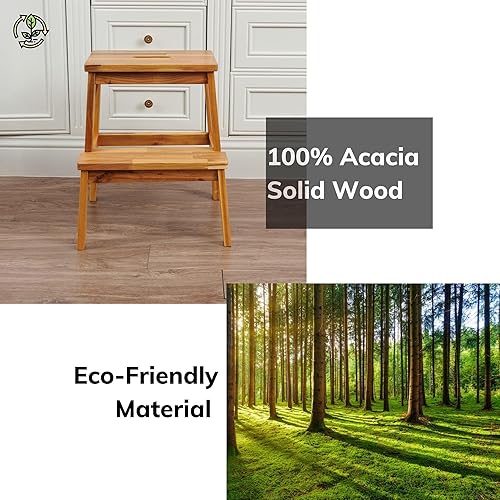 Miniatura 7 de Dolonm Taburete de madera de acacia de dos escalones, tamaño pequeño, rectangular, taburete de 250 libras de madera para adultos y niños, taburetes