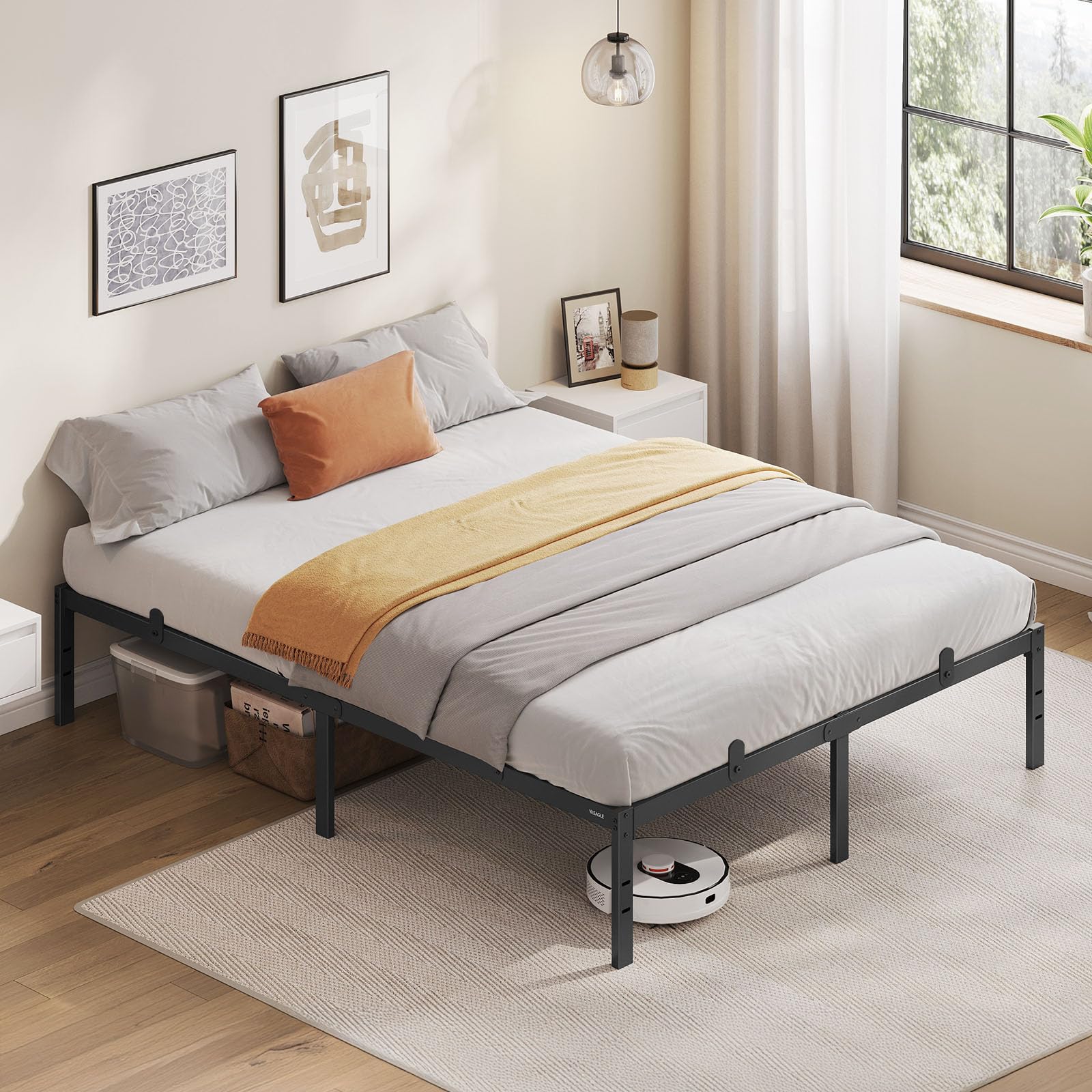 VASAGLE Lit 140 x 190 avec sommier, Cadre de lit Double en métal, 9 Pieds Robustes supporte 450 kg, Espace de Rangement, Montage Facile, Noir d'encre RMB133B01
