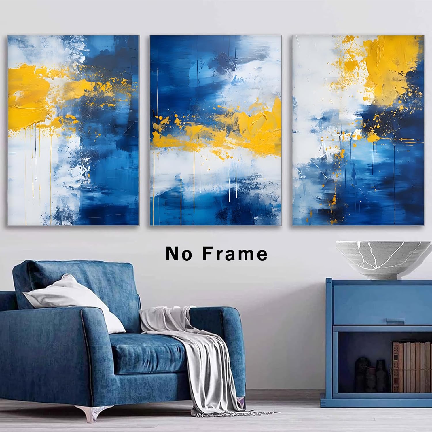 Tevenuktla Yellow Blue Painting Blue and Yellow Wall Art for Living Room Blue Abstract Painting Modern Blue Abstract Poster Navy Blue Wall Art Prints 16x24inchx3 No Frame - Image 2