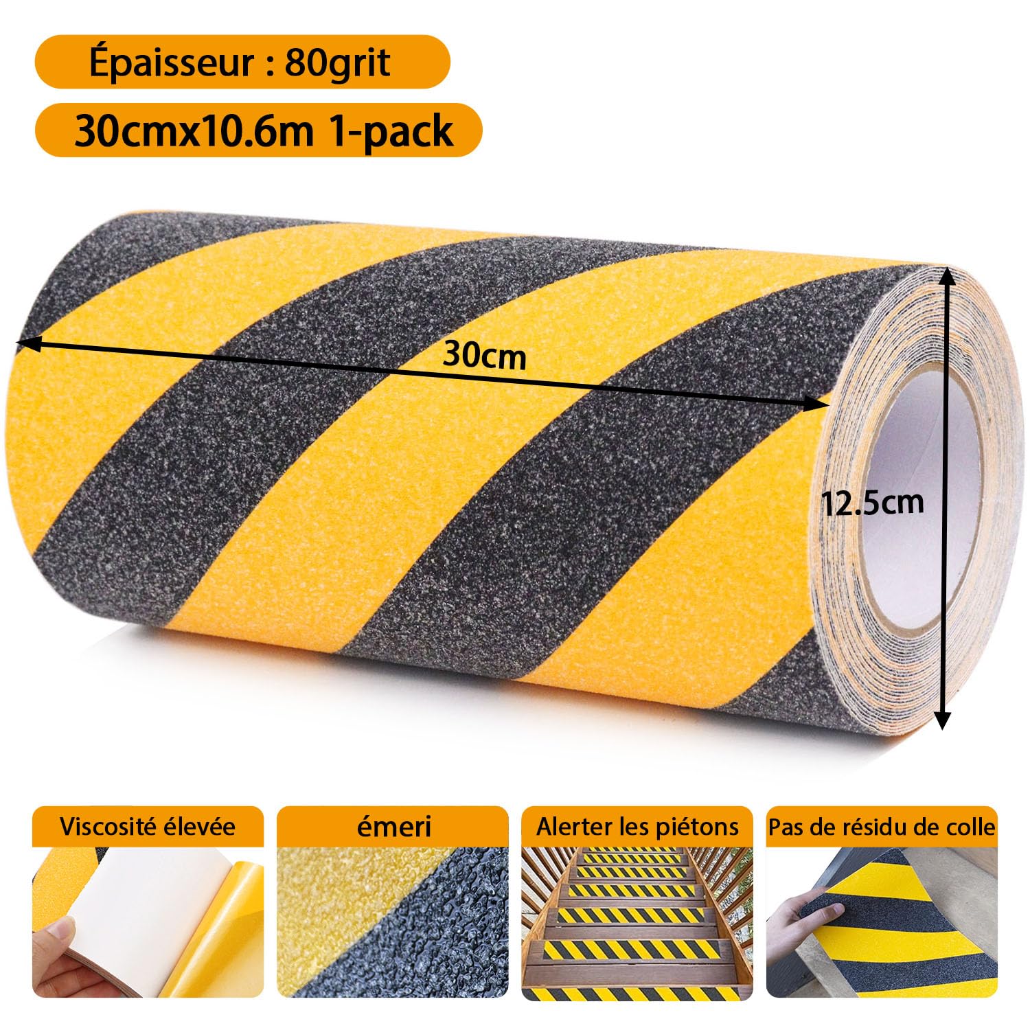 CHUANGSEED Black Yellow Anti slip tape Cinta antideslizante de seguridad, 30 x 10,6 m, bandas antideslizantes para escalera exterior, amarillo negro para cinta escaleras averissement, escaleras