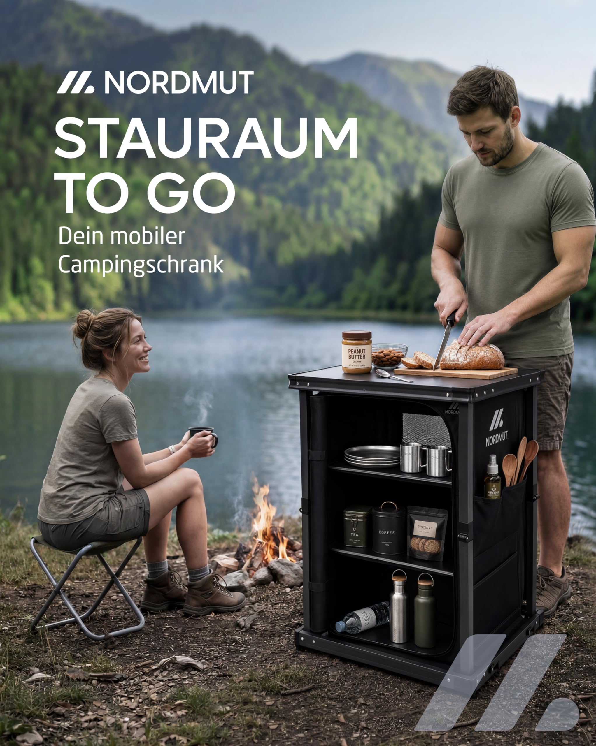 NORDMUT® Campingschrank faltbar – stabile Campingküche mit geräumigen Innenleben – leichtes Camping Regal klappbar für einfachen Transport