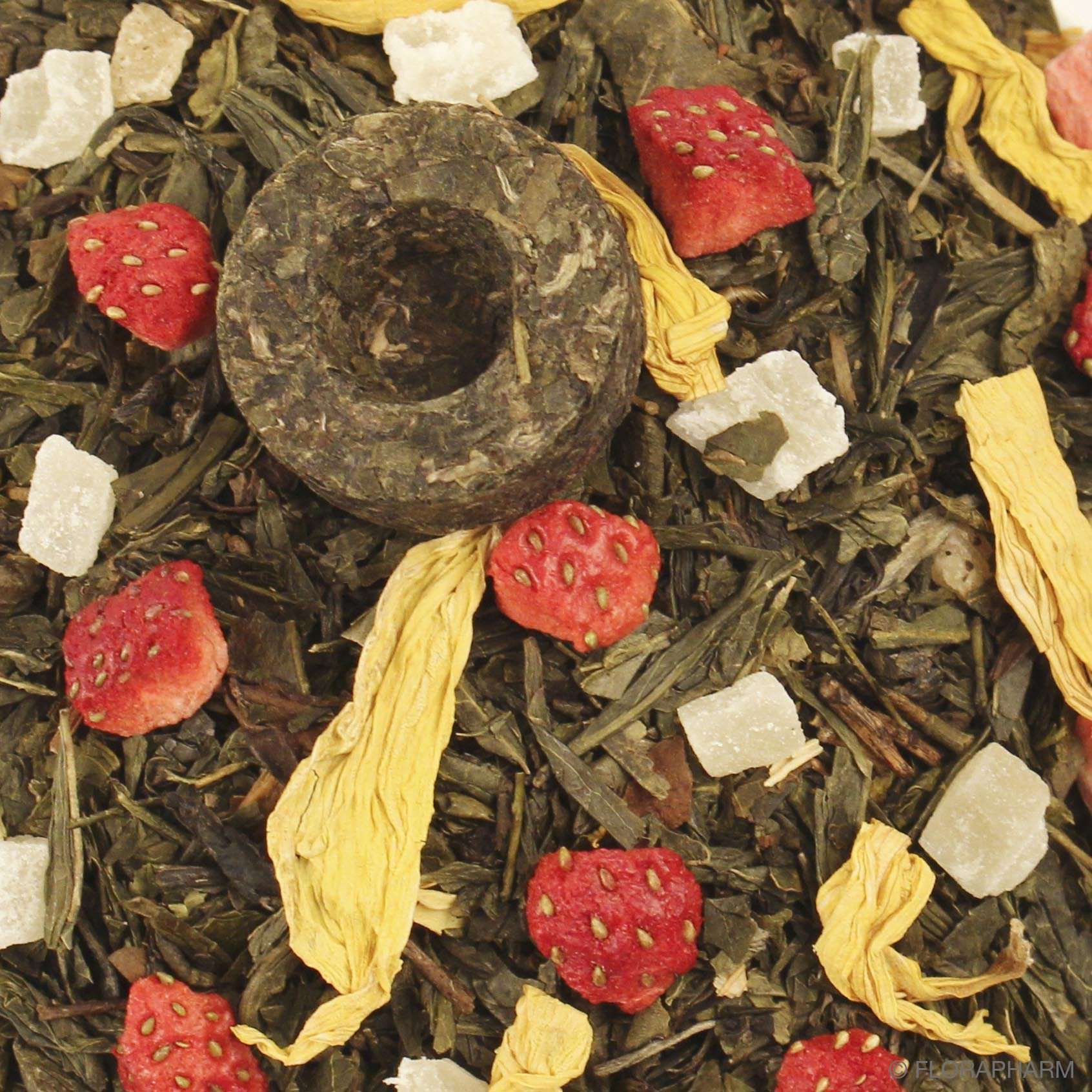 Florapharm Grüntee aromatisiert Die Acht Schätze des Shaolin 1000g Erdbeer-Ananas-Geschmack Nachfüllpack Lose