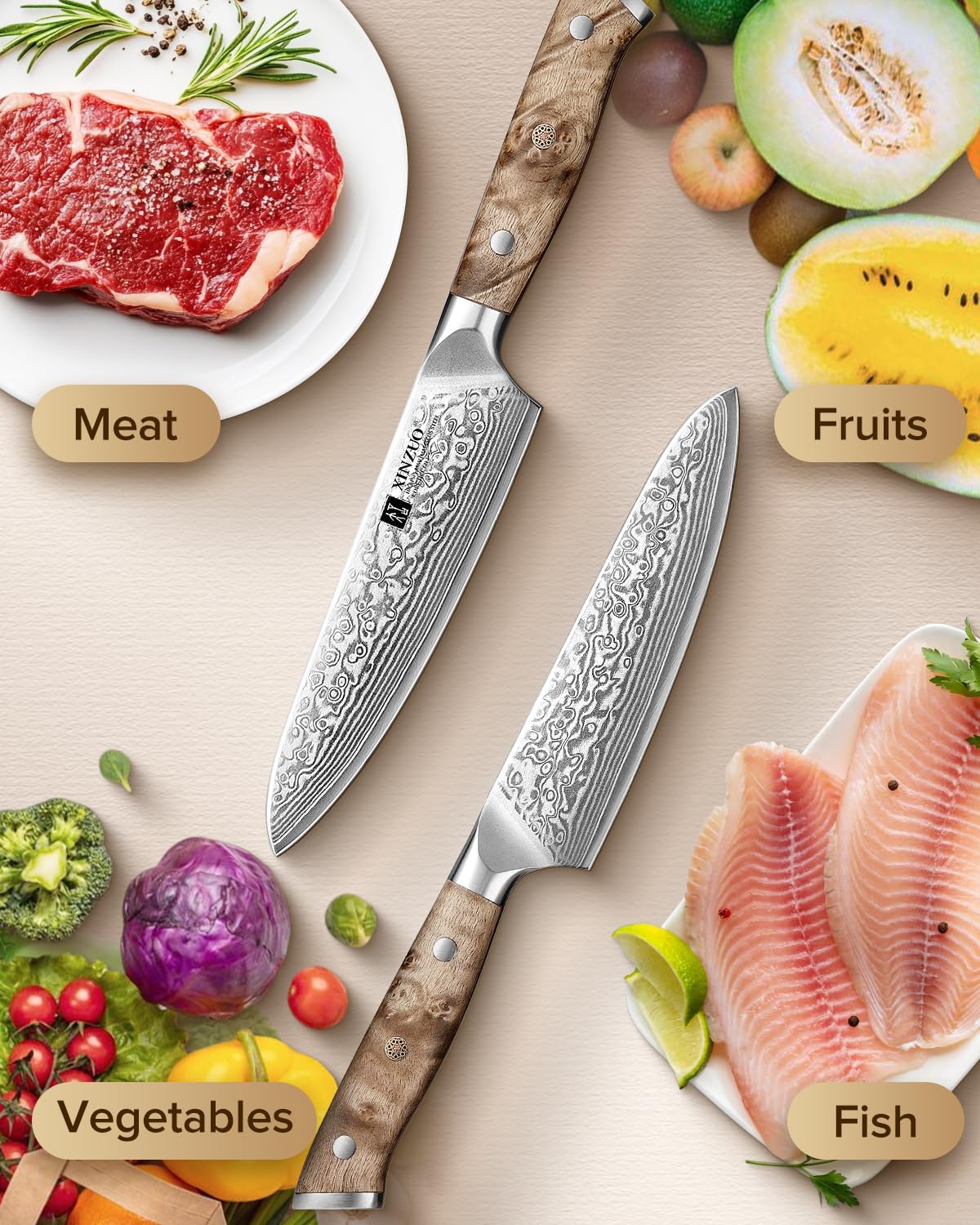 XINZUO Acero de Damasco Cuchillo Universal de Cocina 13,3cm Cuchillo para Pelar de Fruta -Mango Ergonómico de Figured Sycamore Wood -para Carne, Pescado, Fruta y Verdura -con Caja de Regalo