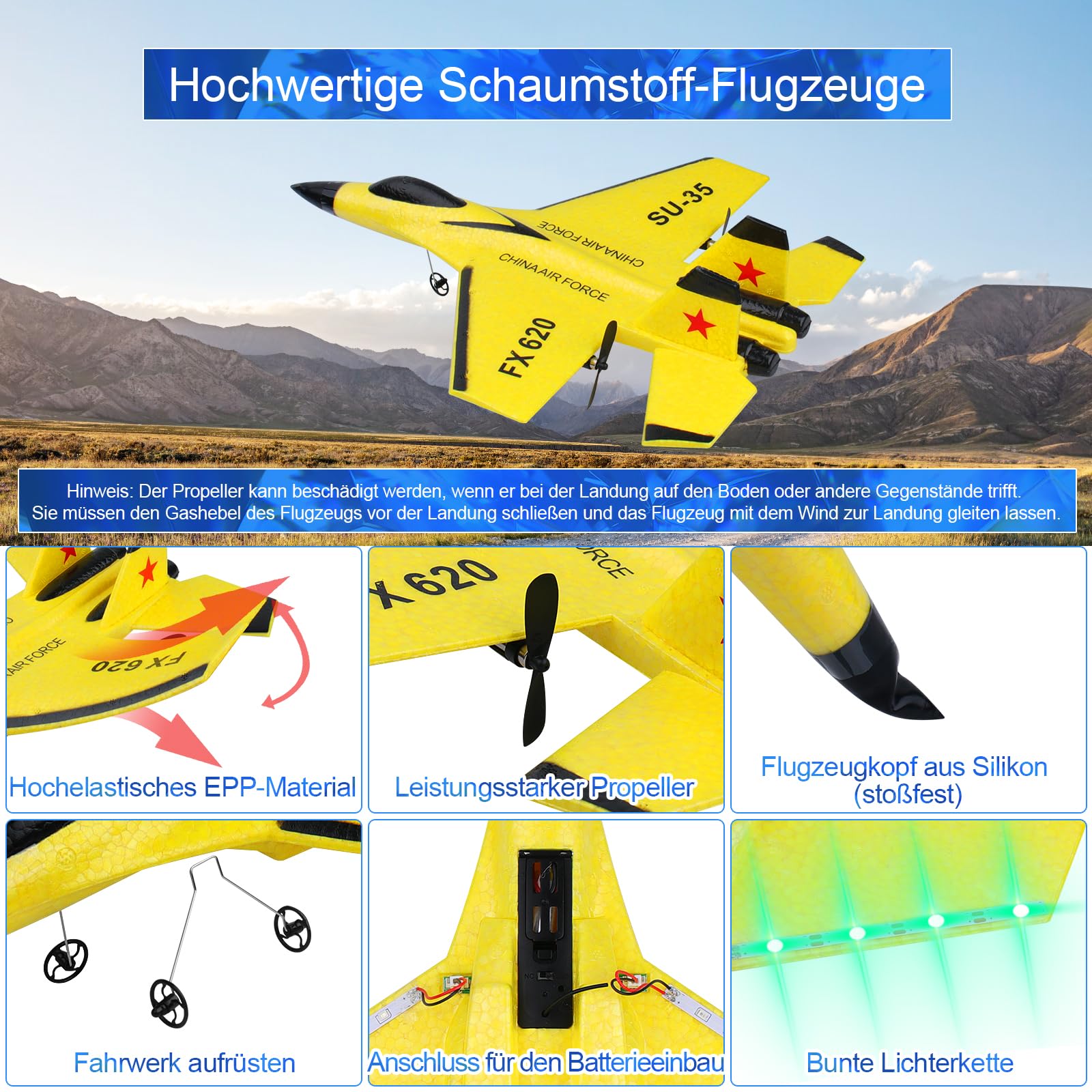 Henakmsl 2CH Aereo Telecomandato SU35, 2,4 GHz Aereo RC Aeroplano Telecomandato con 2 Batterie e Luci Colorate, Aliante Volante Telecomandato per Adatto a Bambini/Adulti/Principianti, Giallo