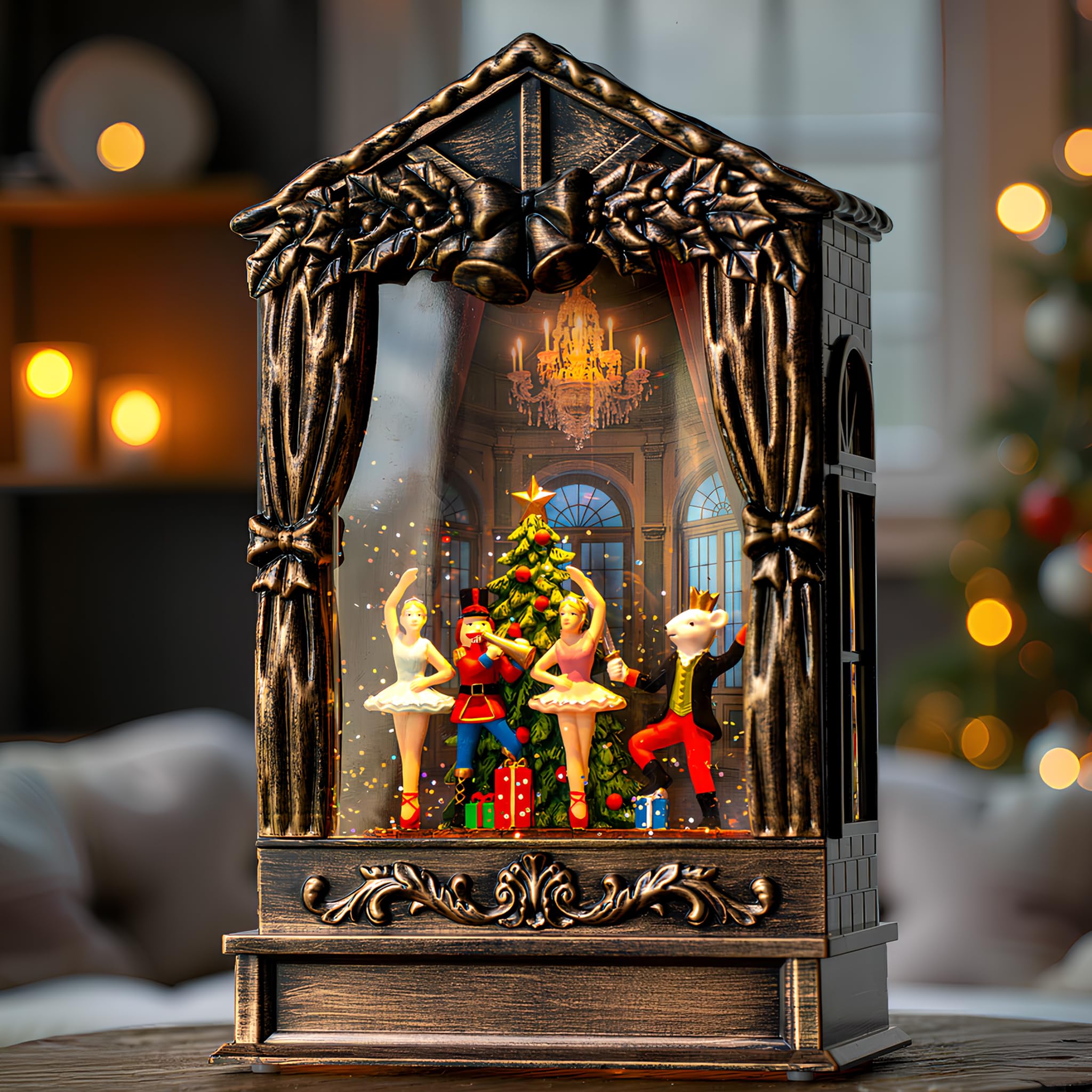Christmas Snow Globe Lantern Water Glittering Nutcracker Ballet Theatre with Music &amp; Timer, USB Lined/Battery Operated Lighted Lantern for Christmas Festival Decoration Gifts