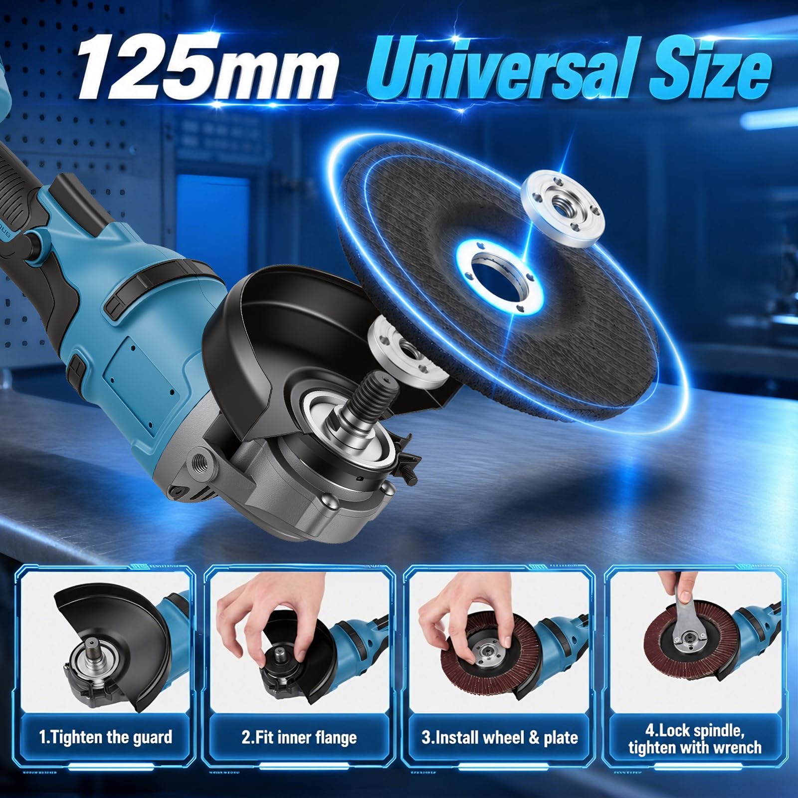 Amoladora angular inalámbrica, motor sin escobillas de 125 mm, lijadora de batería Flex de 20 V, cubierta de cierre rápido, mango antivibración, 2 lijadoras, 2 compartimentos, 2 discos de corte