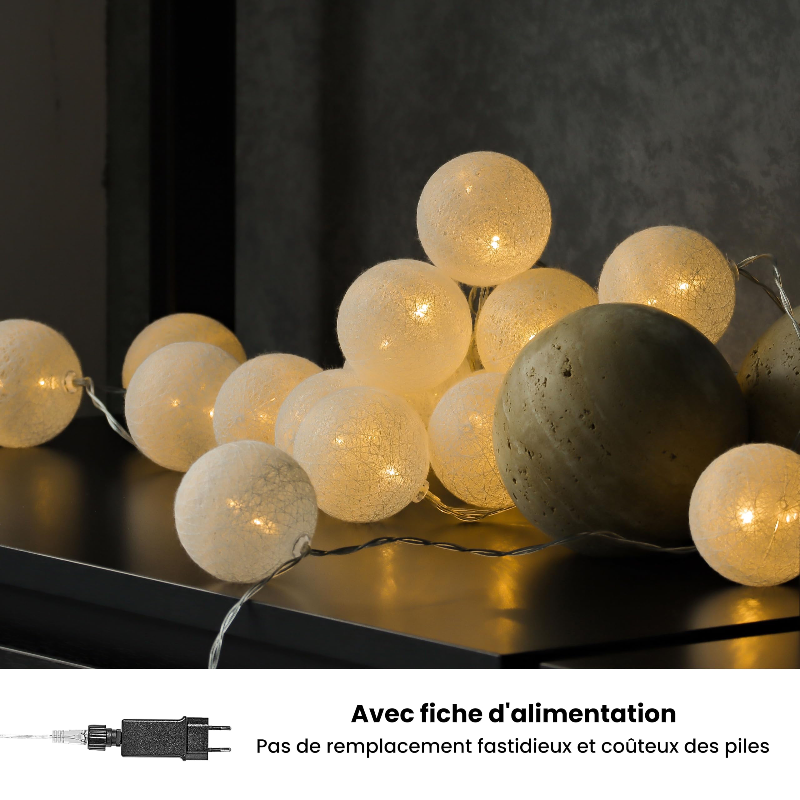 CozyHome Blanc guirlande lumineus boule coton - 20 LED & 6m Blanc chaud I Avec fiche I Guirlandes lumineuses chambre Fairy lights intérieur I Led decoration Girlande interieur Fil lumineux d'intérieur
