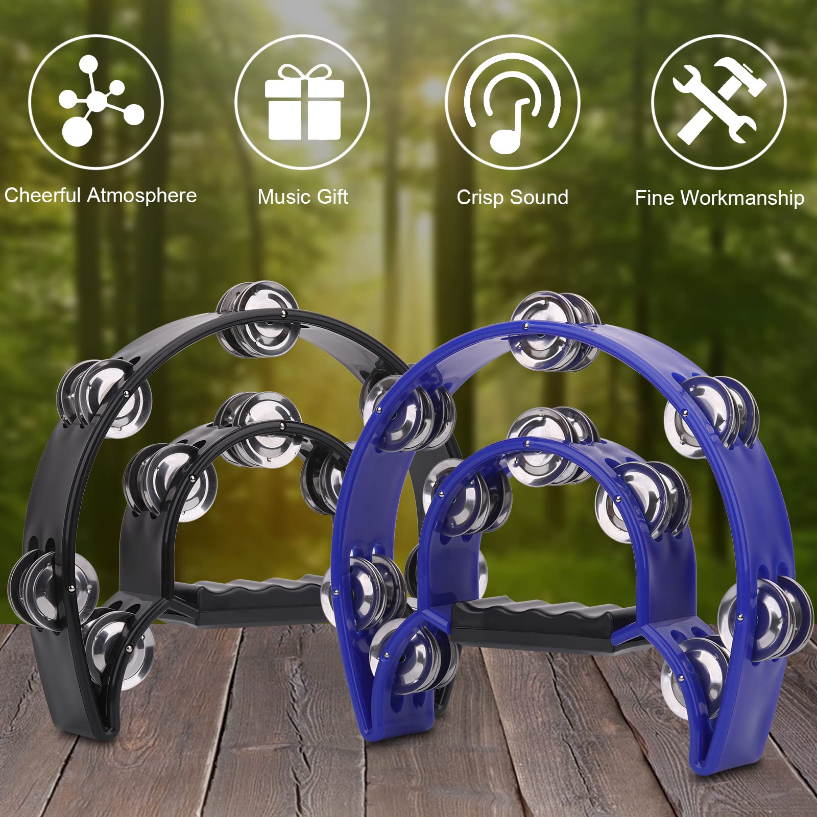 Lot de 2 tambourins à double rangée de 25,4 cm pour adulte, demi-lune, 20 grelots en métal, tambourins à percussion à main en plastique, pour adultes, église, karaoké, fête, noir et bleu