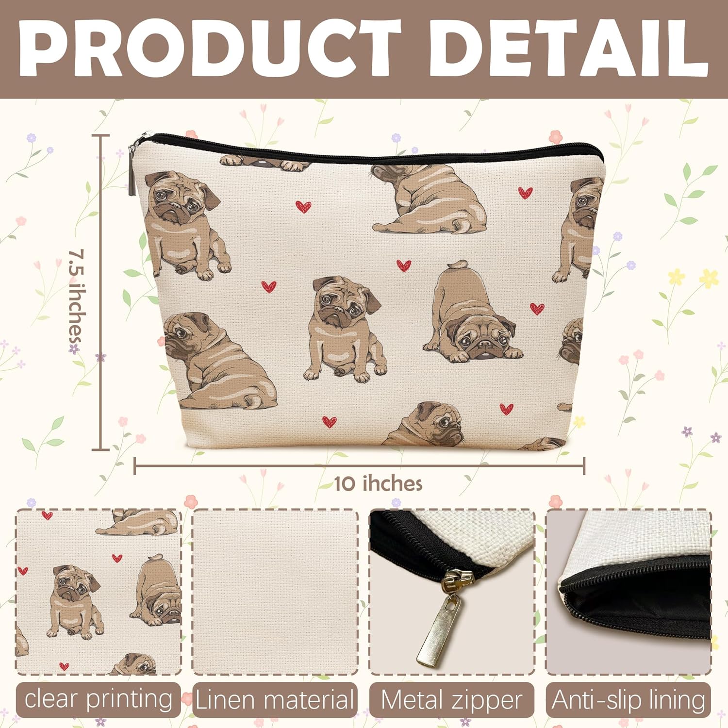 Pug Dog Makeup Bag, Pug Lovers Gifts Cosmetic Bag for Women, Dog Mom Lovers Owner Gifts for Women, Pet Lover Gift Zipper Travel Makeup Pouch for Purse - Image 7