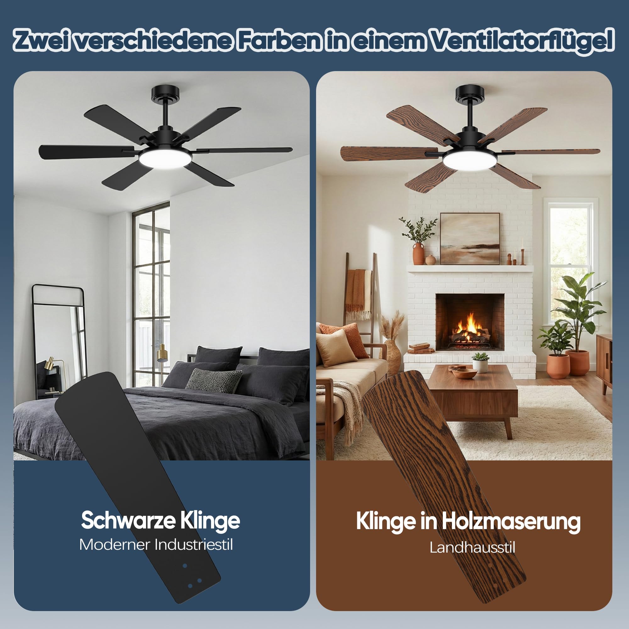Deckenventilator mit Beleuchtung 132cm 6 Blätter Fernbedienung Leiser Reversibler Gleichstrommotor 6 Gänge 3CCT Dimmbare LED Doppelseitige Flügeln