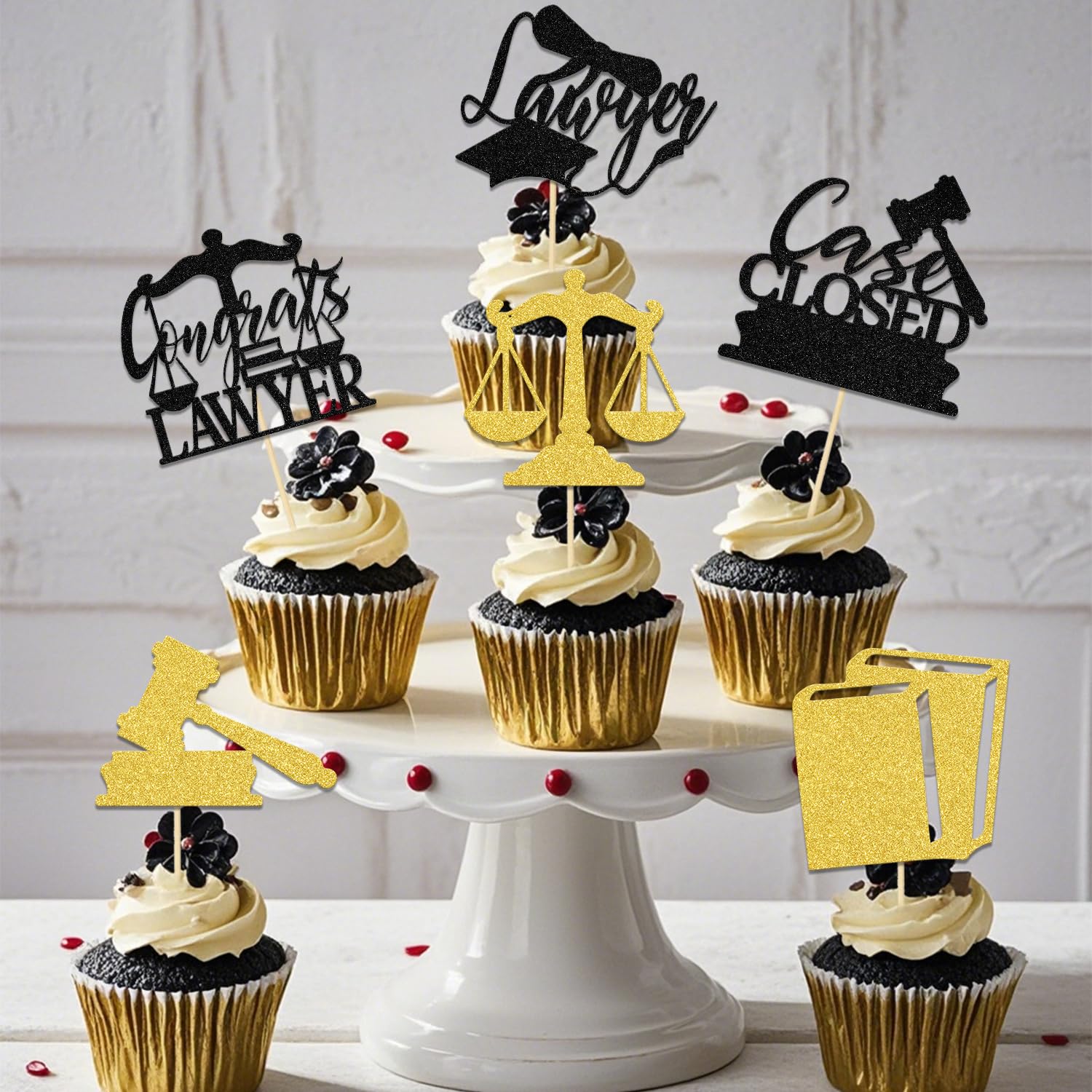 24Pcs Lawyer Graduation Party Decoration - Congrats Lawyer Cupcake Topper - Law School Survivor Decoration Gold Black Glitter - Image 3