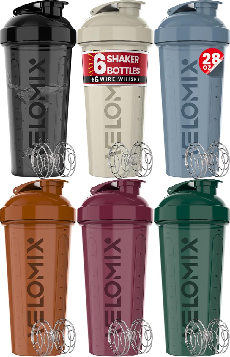 6 Pack 28oz Protein Shaker Bottle for Protein Mixes, Earth Tones | 6x Wire Whisk, Leak Proof Shaker Cups for Protein Shakes, Stackable, Multipack Value Set for Home, Gym, Office and Car