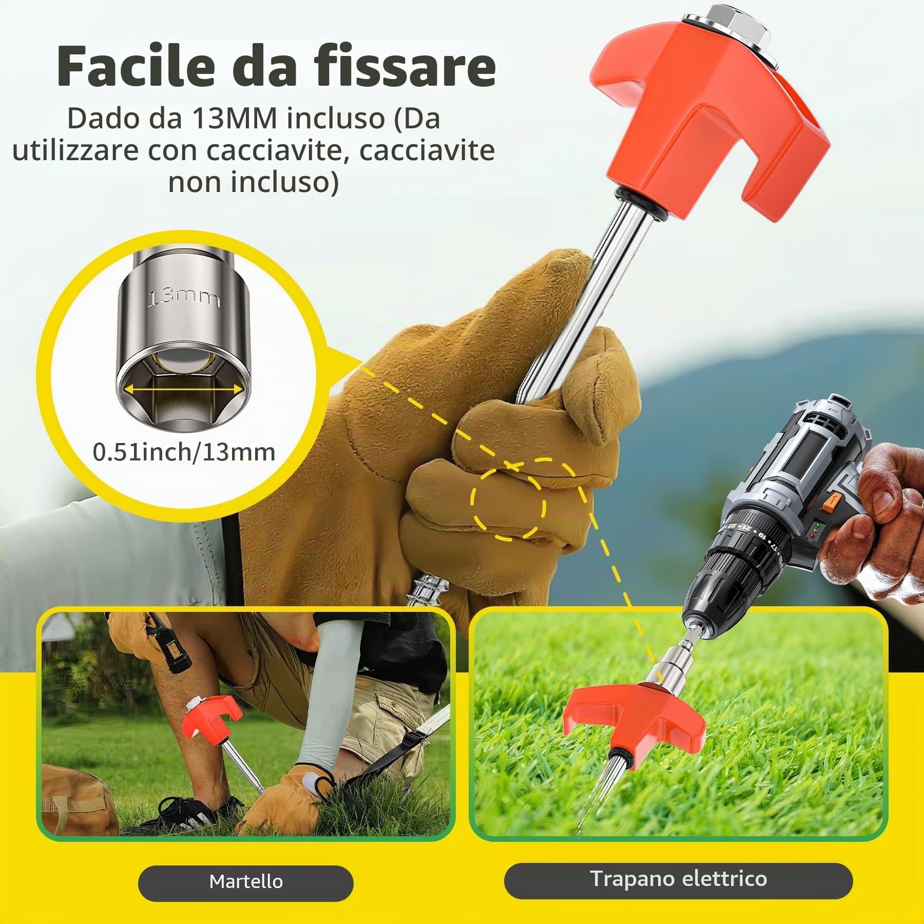 24 pz Tenda Pegs Trapano da Campeggio Heavy Duty Steel Camping Spikes Anti-Rust Tenda Pegs 25CM Camping Stakes con Hex Drill Bit & T Pull Hook, Garden Staples per Trampolino, Arancione
