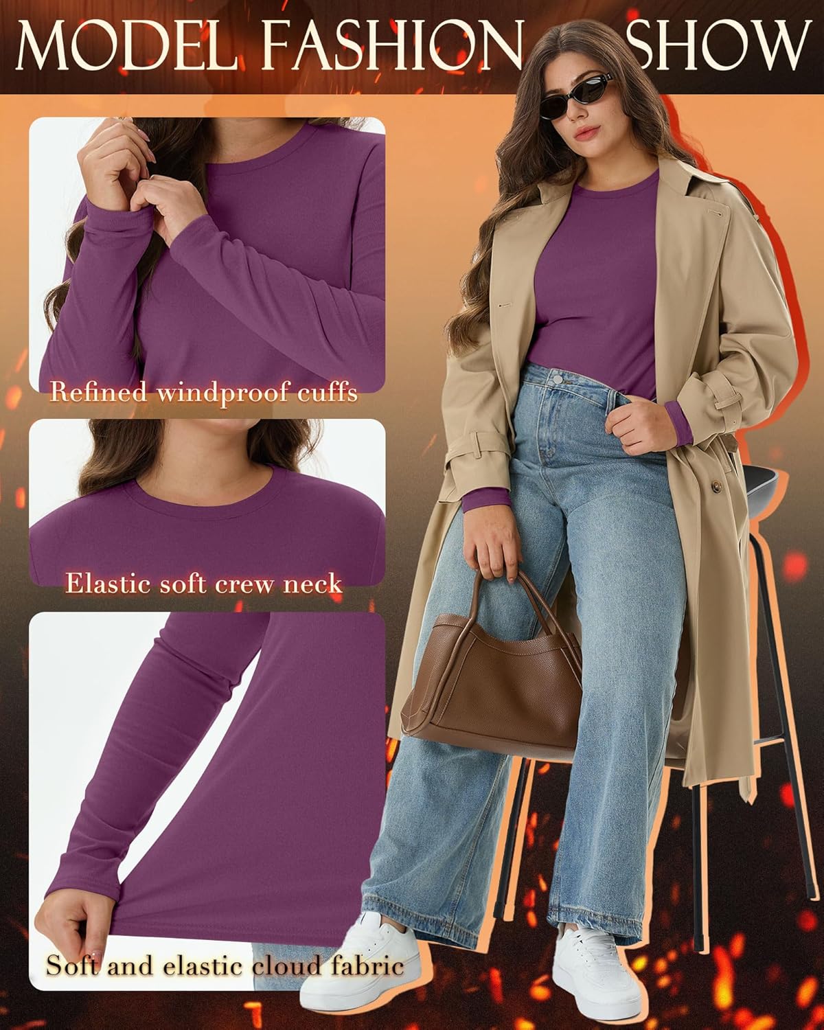 3 Pack Women's Plus Size Thermal Long Sleeve Shirts Slim Fit Fleece Lined Crew Neck Undershirt Tops Cold Weather - Image 6