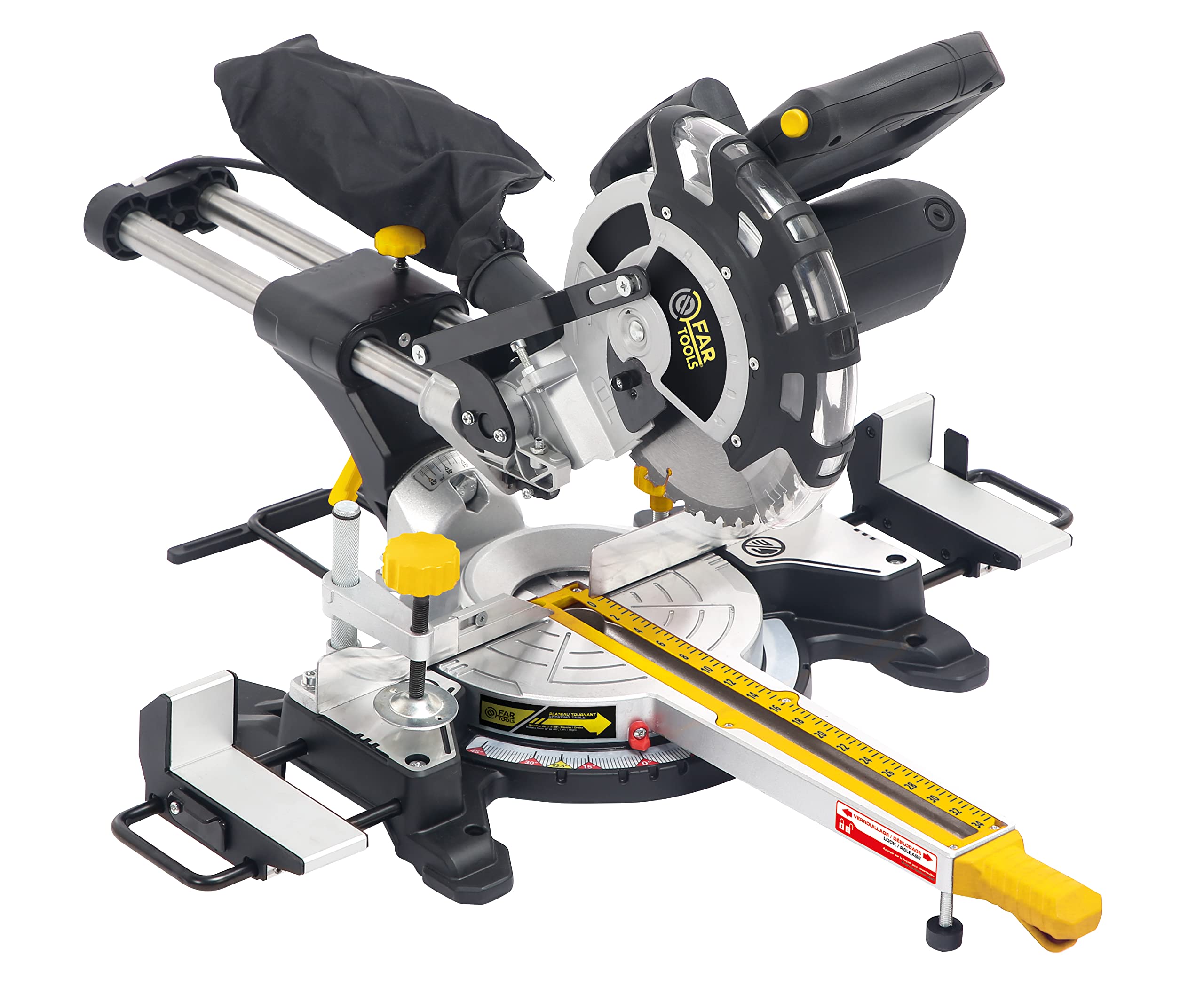 Fartools SBM 210 Scie à onglet radiale 1700W, lame.210mm multi-matériaux 24 dents, inclinaison de la tête gauche, visée laser, plateau indexable à l'avant, 2 vitesses de rotation : 3500tr/min