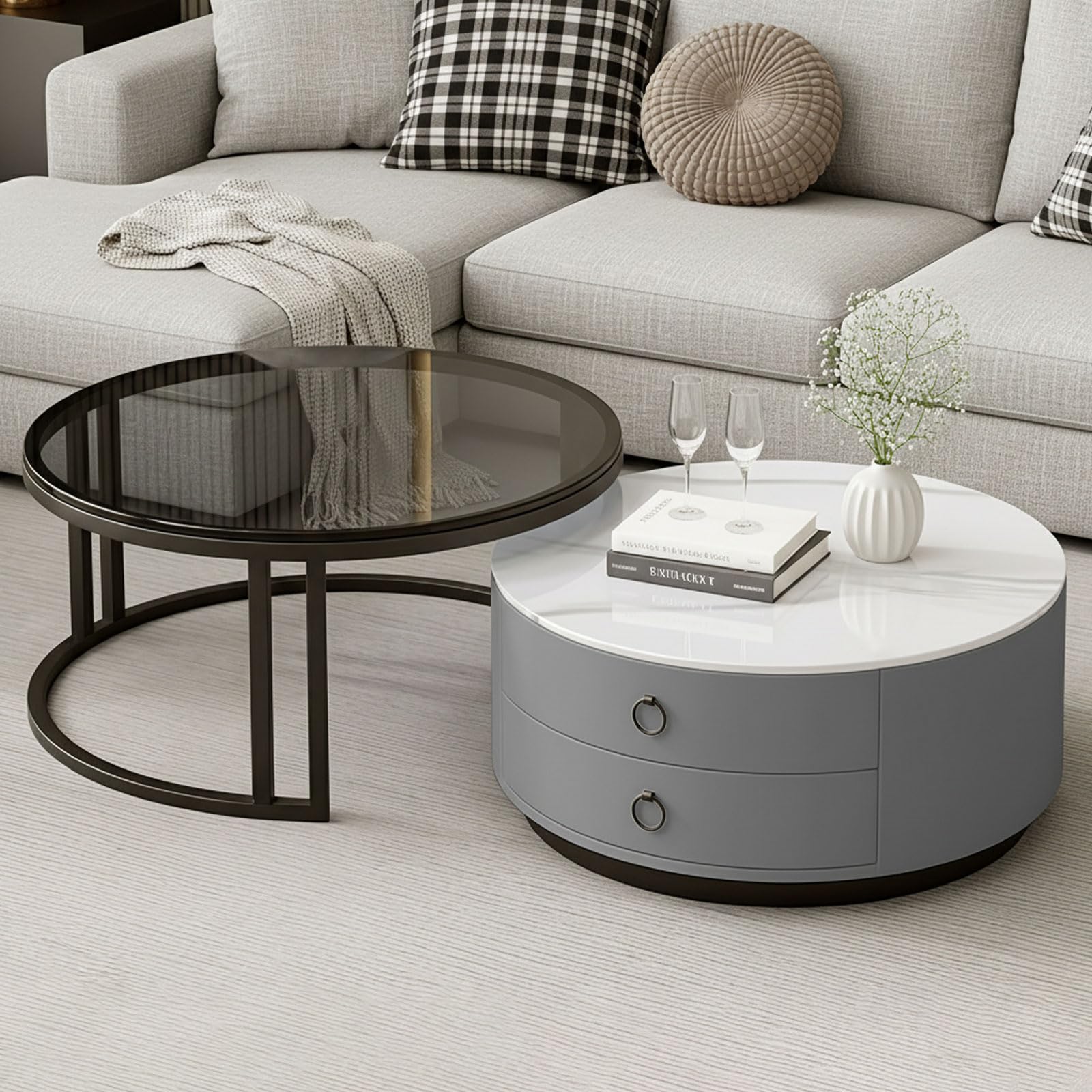 Generisch 2er Set Runde Couchtische mit Stauraum, Moderne Wohnzimmertisch mit Marmoroptik und Glasplatte, Stapelsofa Beistelltisch für Schlafzimmer Wohnzimmer Balkon Büro