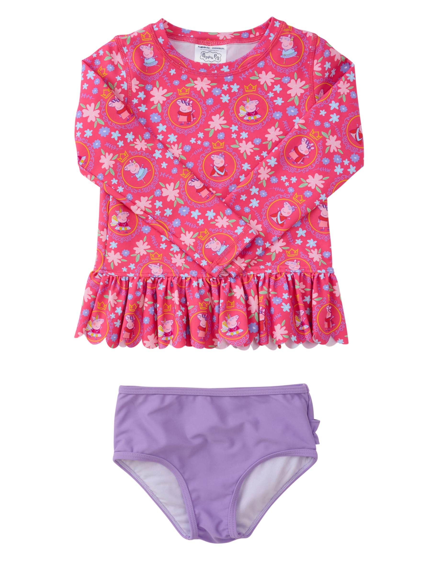 RuffleButts Girls Scalloped Long Sleeve - 2-Piece Rash Guard Swim UPF 50+